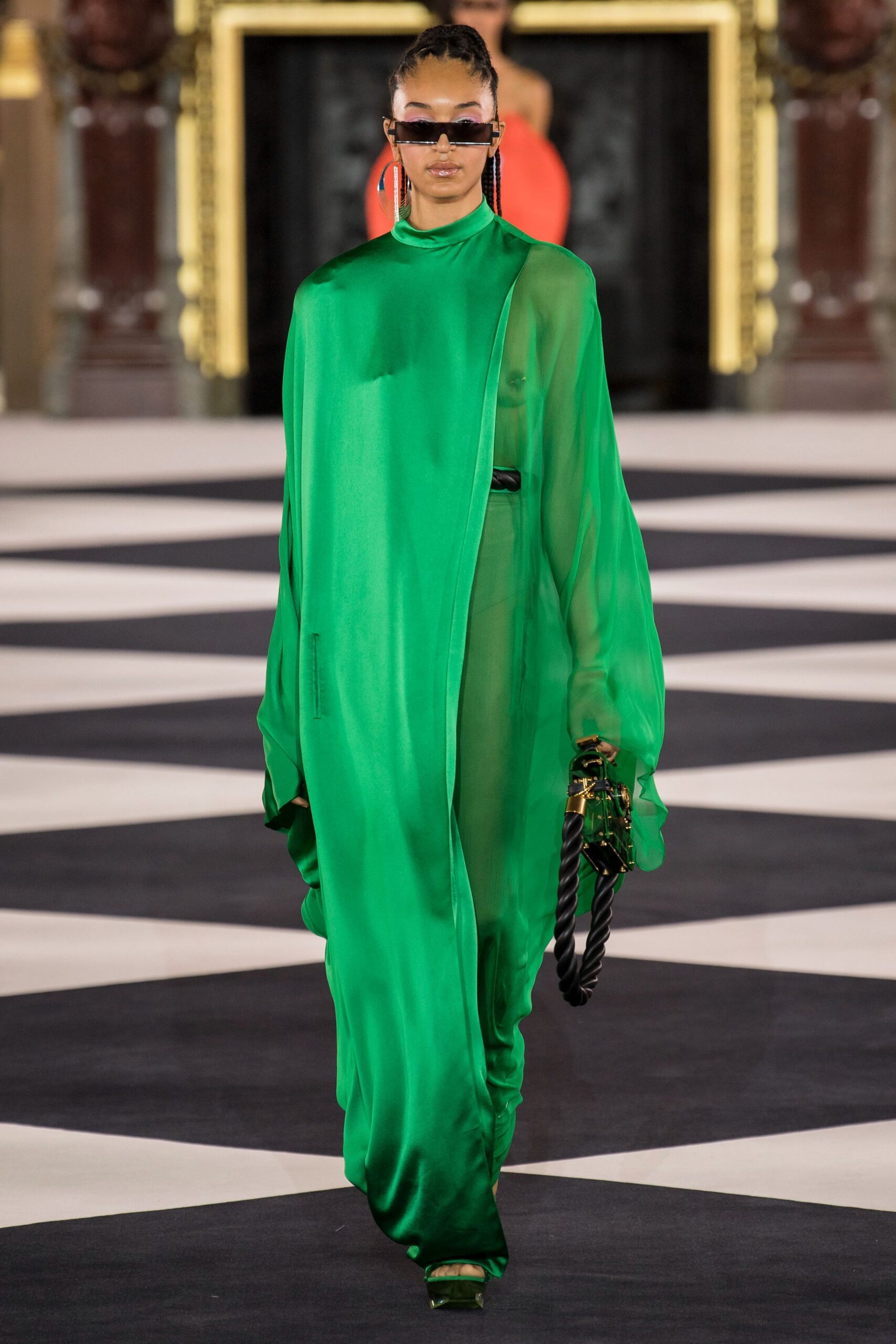 green silk long-sleeve high-neck relaxed draped flowing dress