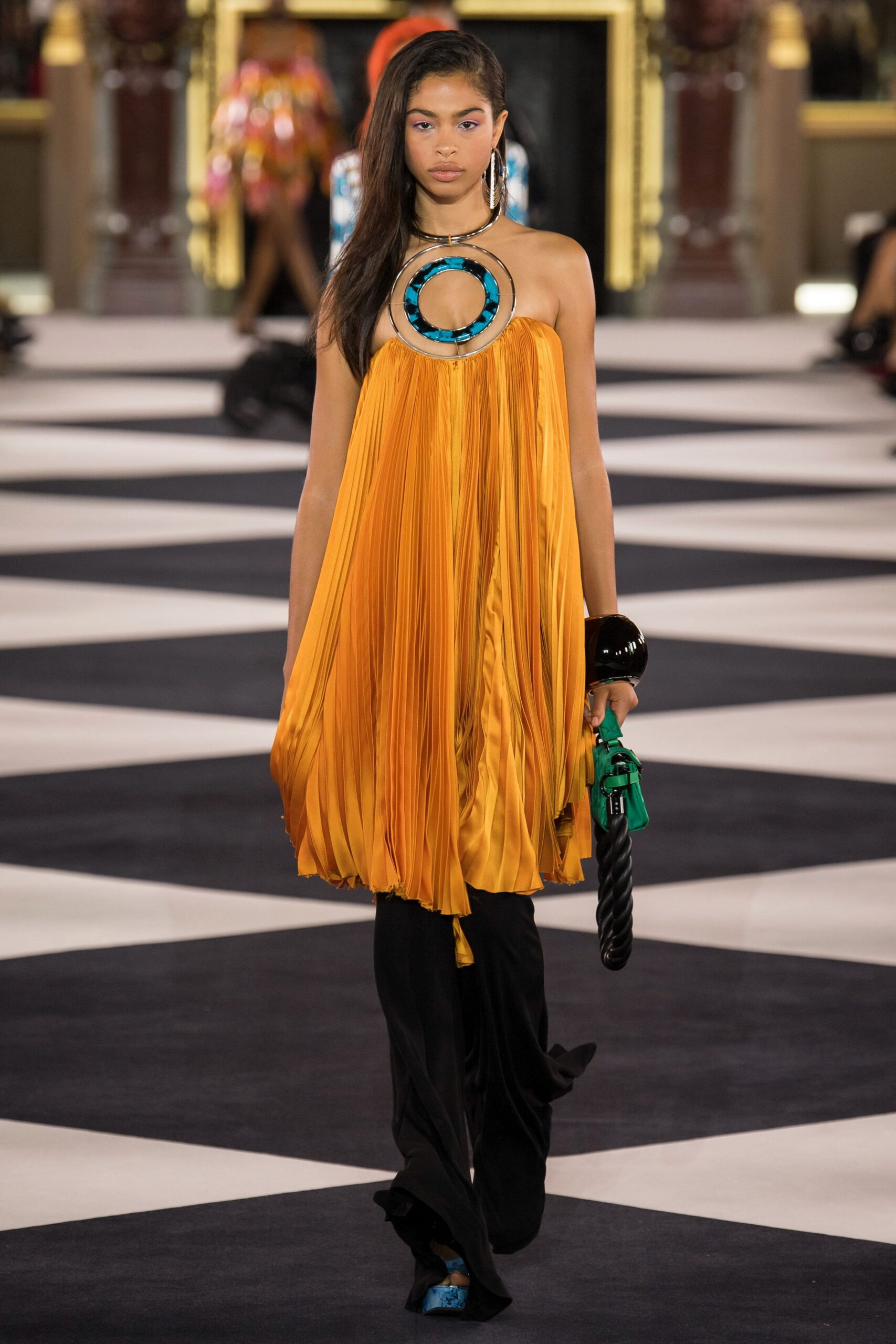 orange silk sleeveless high-neck relaxed pleated flowing dress