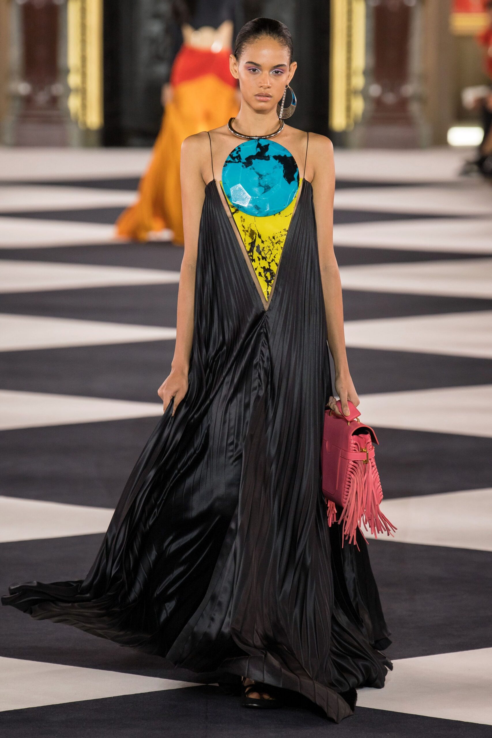 black pleated color-blocked dress