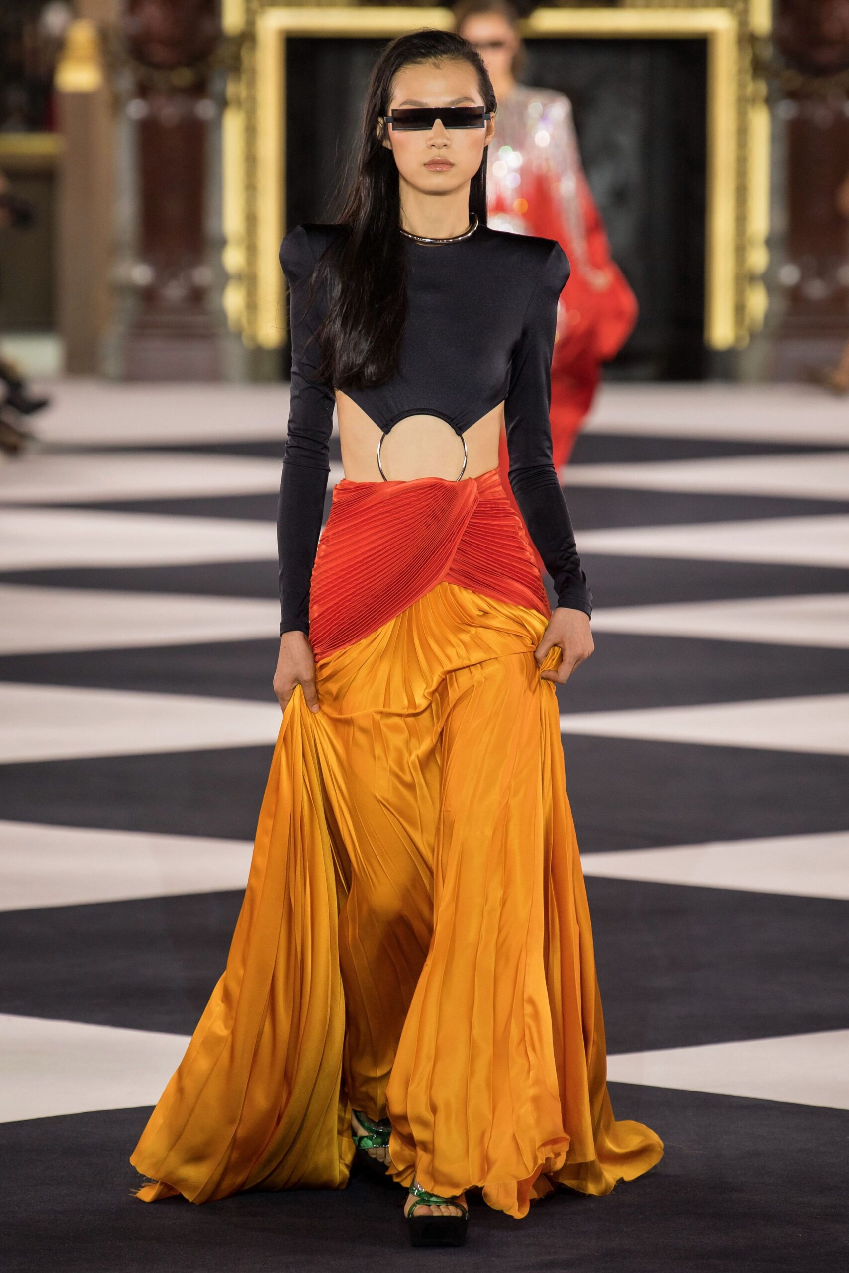 orange silk asymmetric relaxed pleated flowing maxi skirt