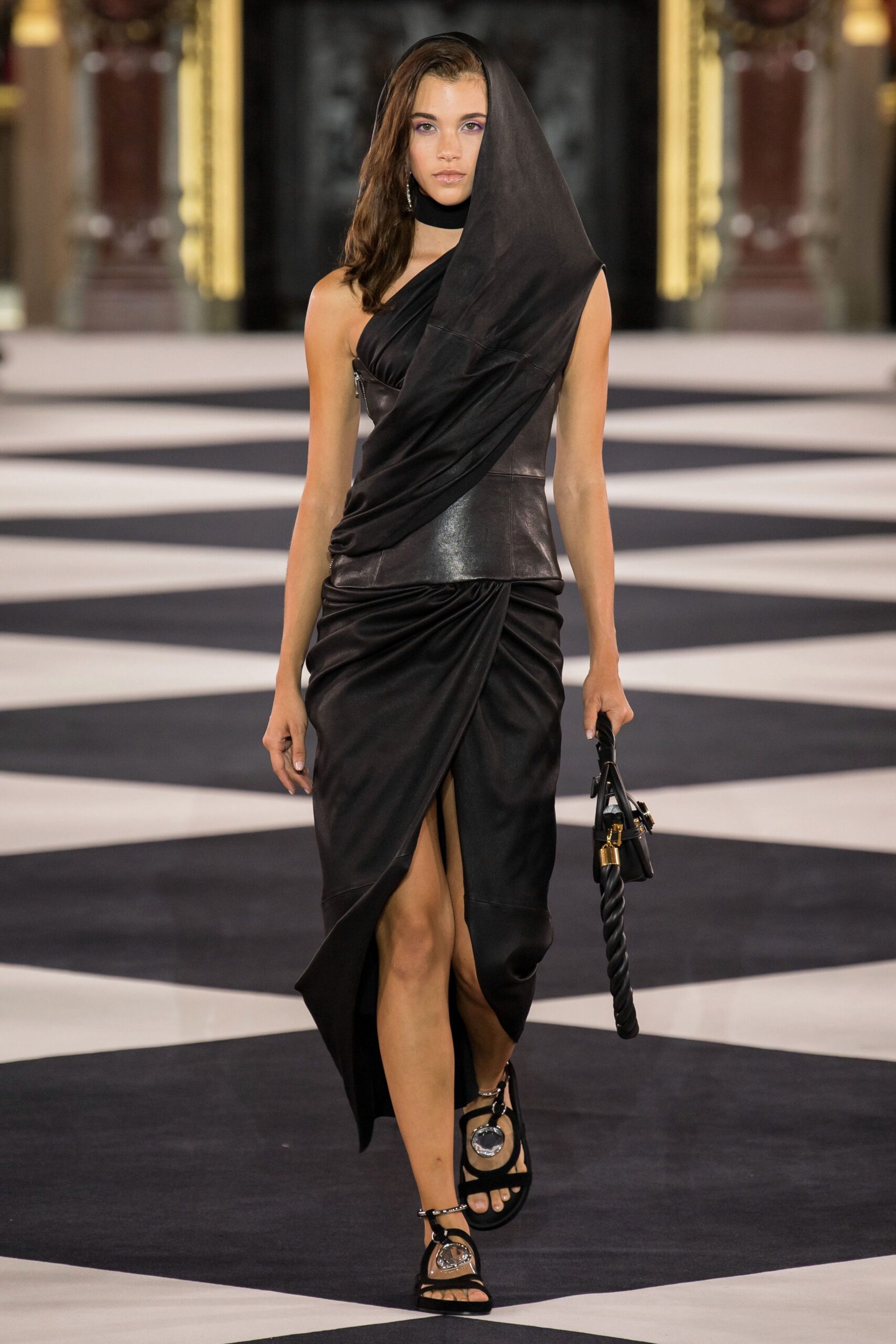 black leather sleeveless v-neck fitted draped midi dress