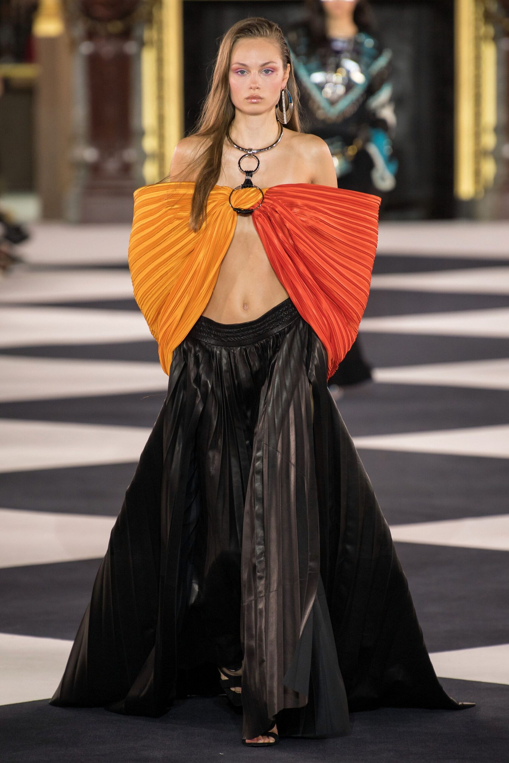 orange silk sleeveless off-shoulder fitted pleated top