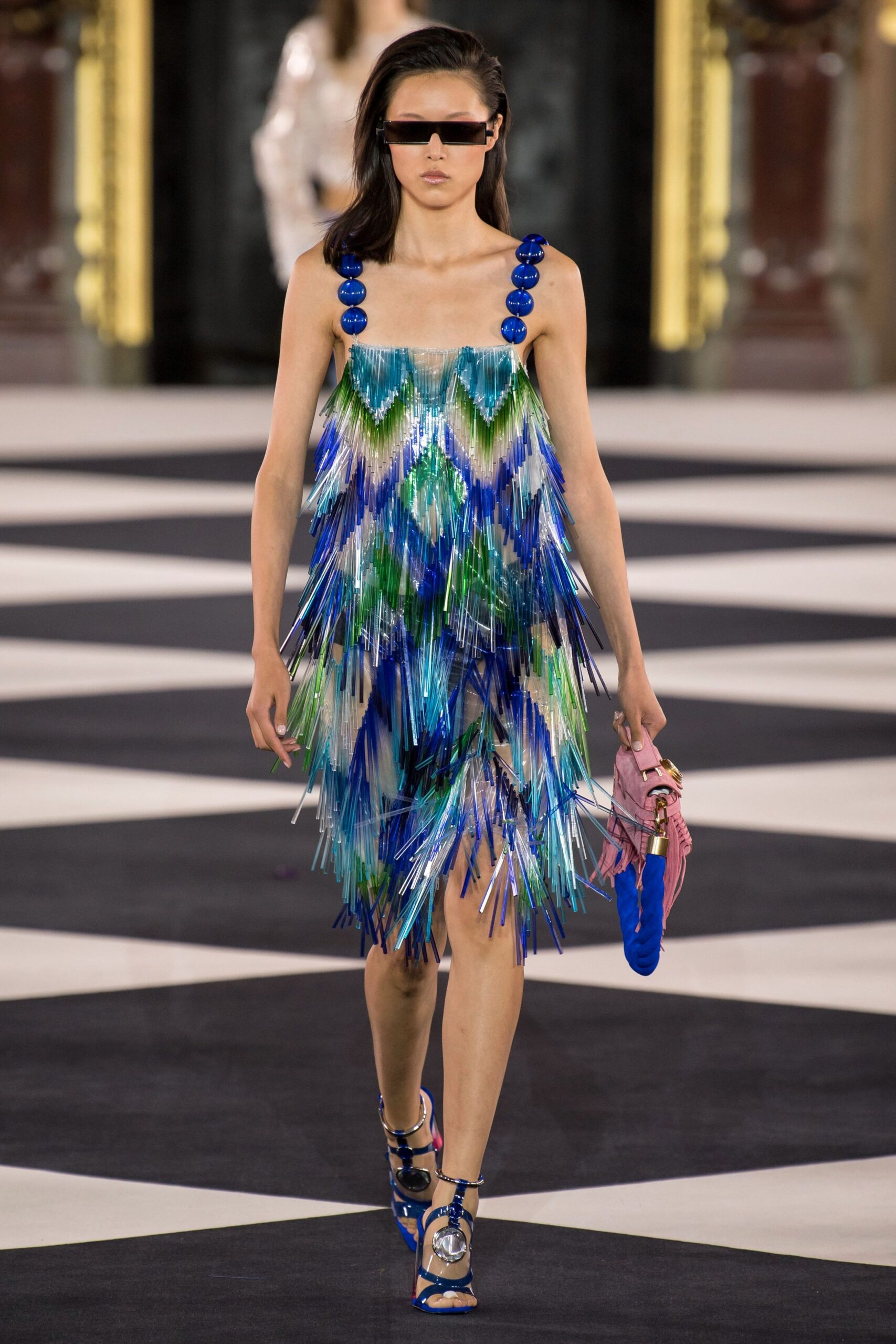 blue silk sleeveless fitted fringed flowing mini dress
