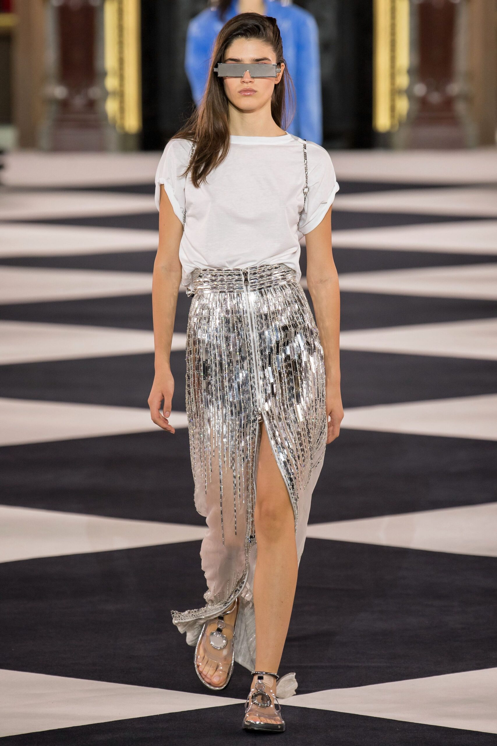 gray metallic slit fitted high-waisted pleated shiny skirt