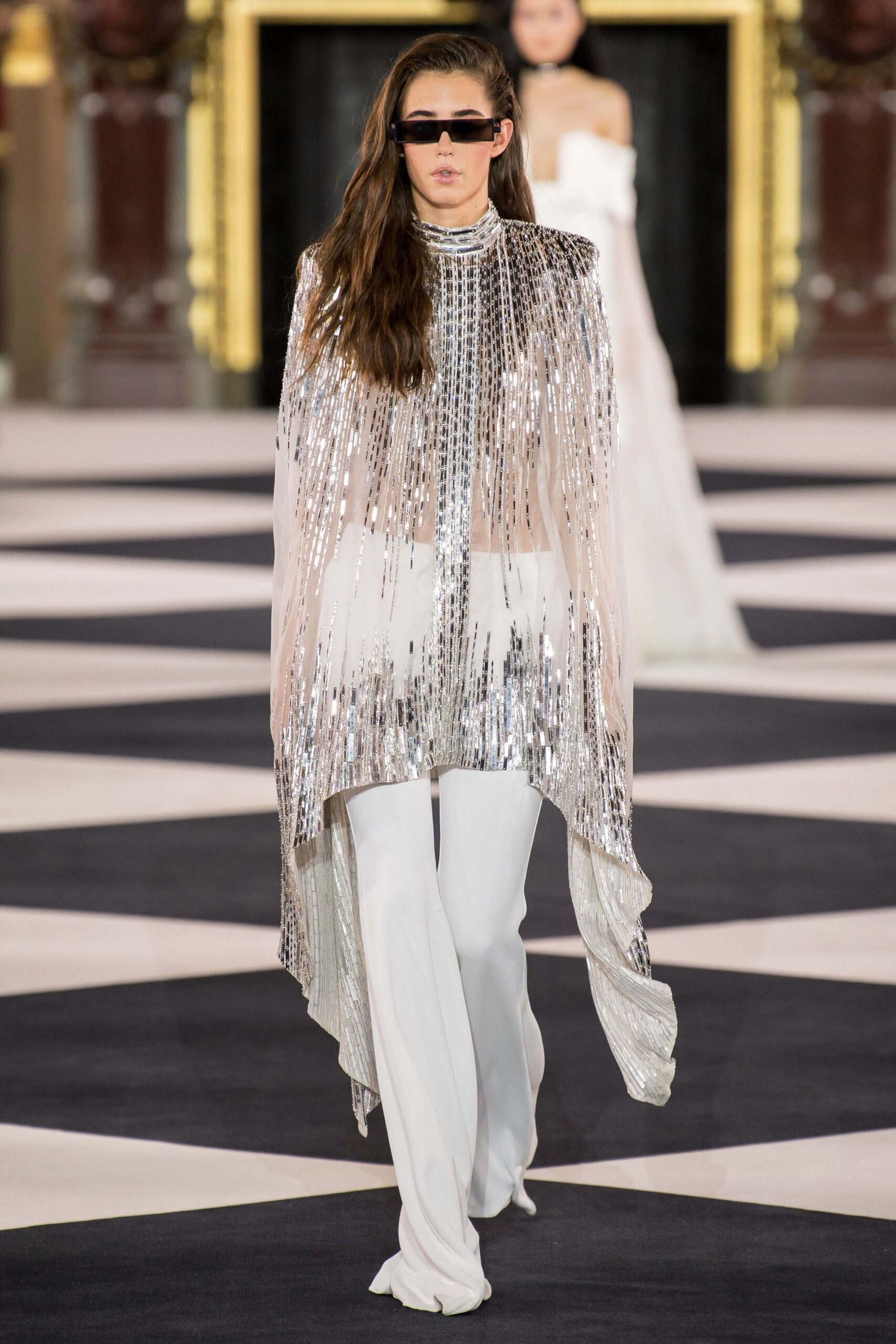 white silk long-sleeve relaxed sequined shiny midi cape