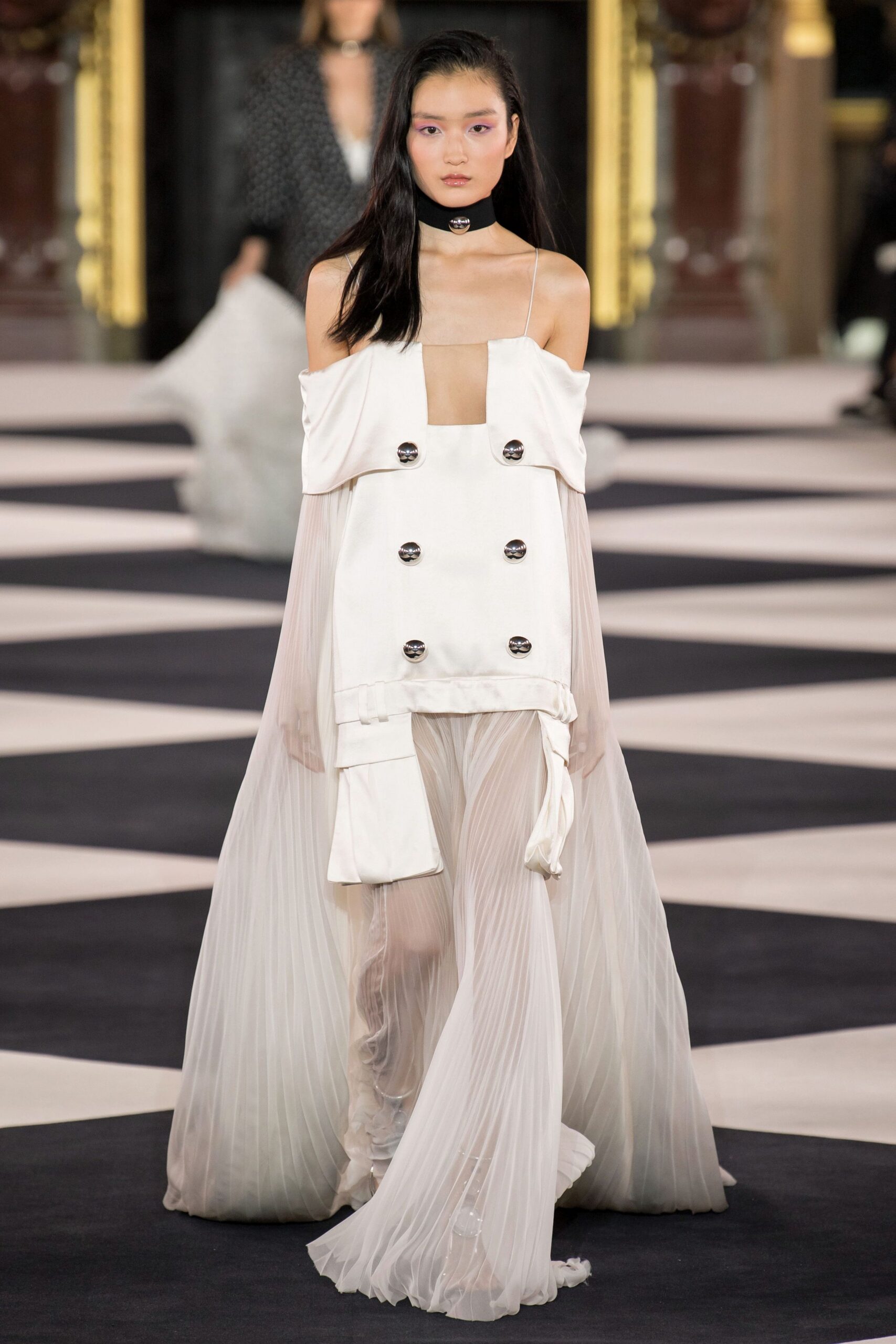 white silk off-shoulder gown