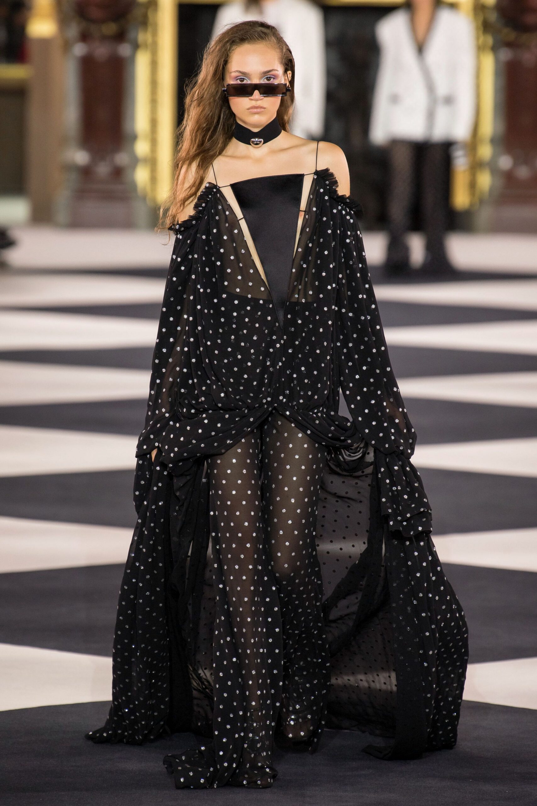 black chiffon sleeveless off-shoulder fitted draped pleated gown