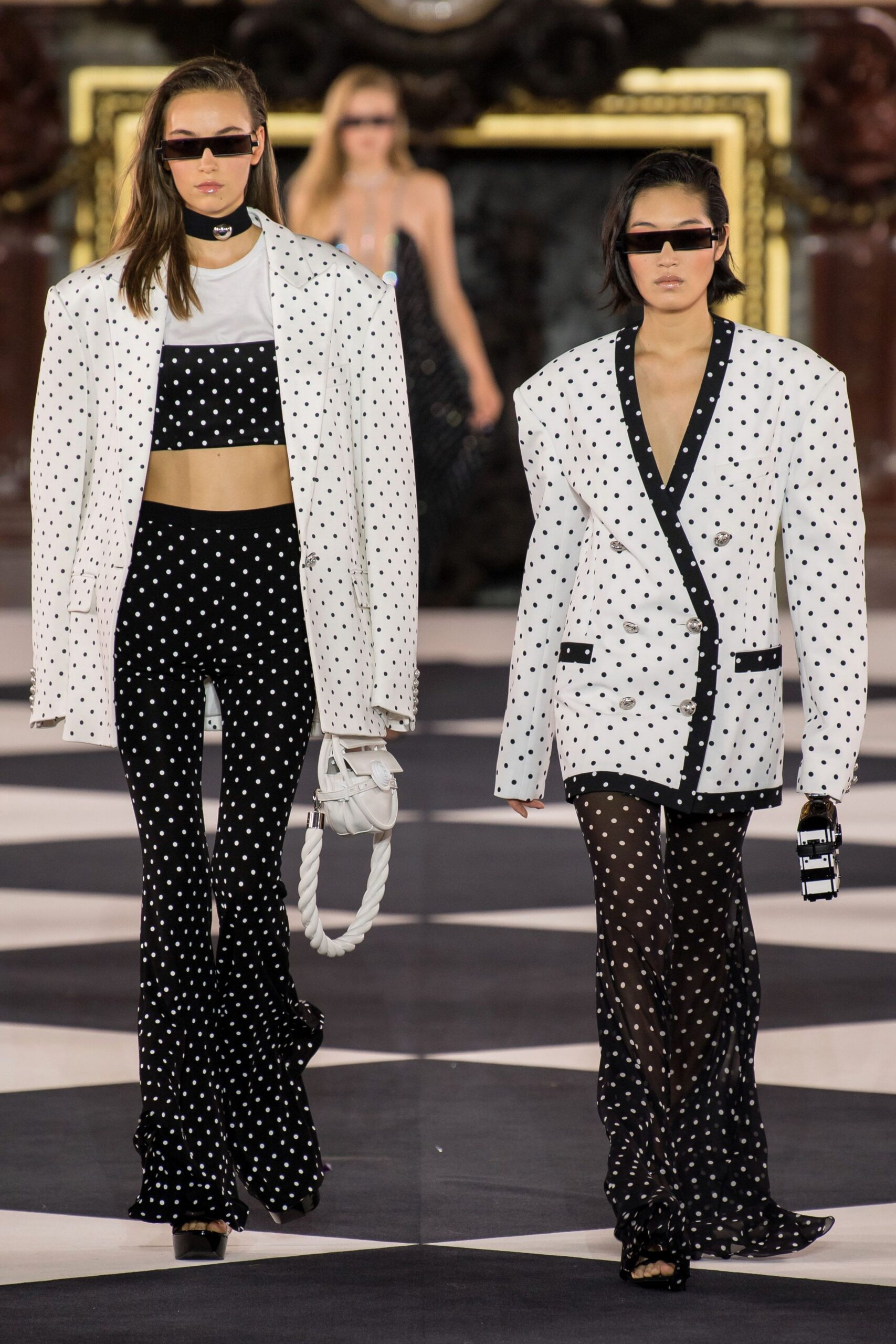 white long-sleeve collared structured polka-dot buttoned blazer