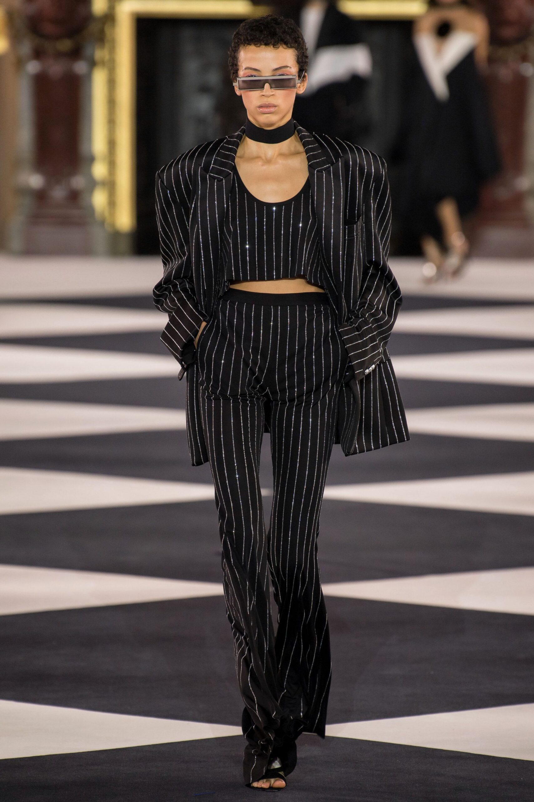 black and white striped blazer and pants