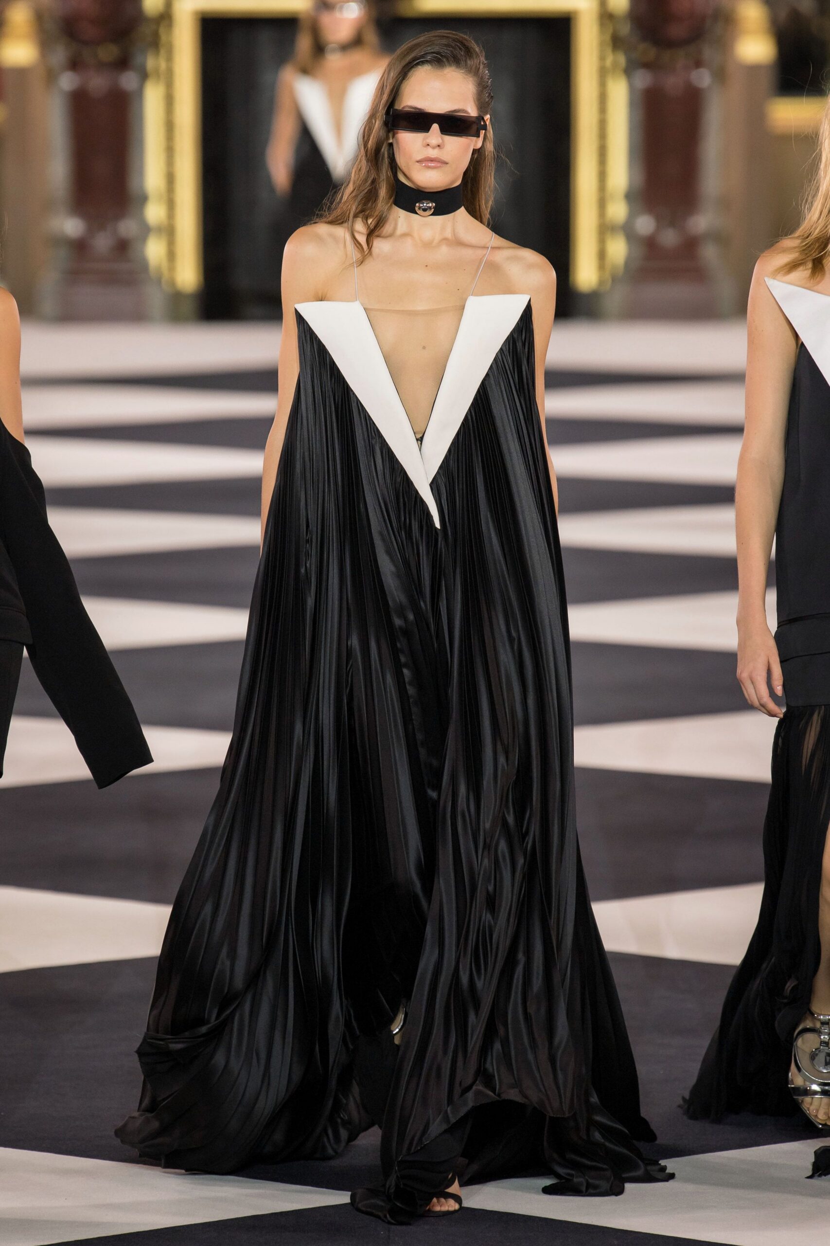 black and white pleated gown