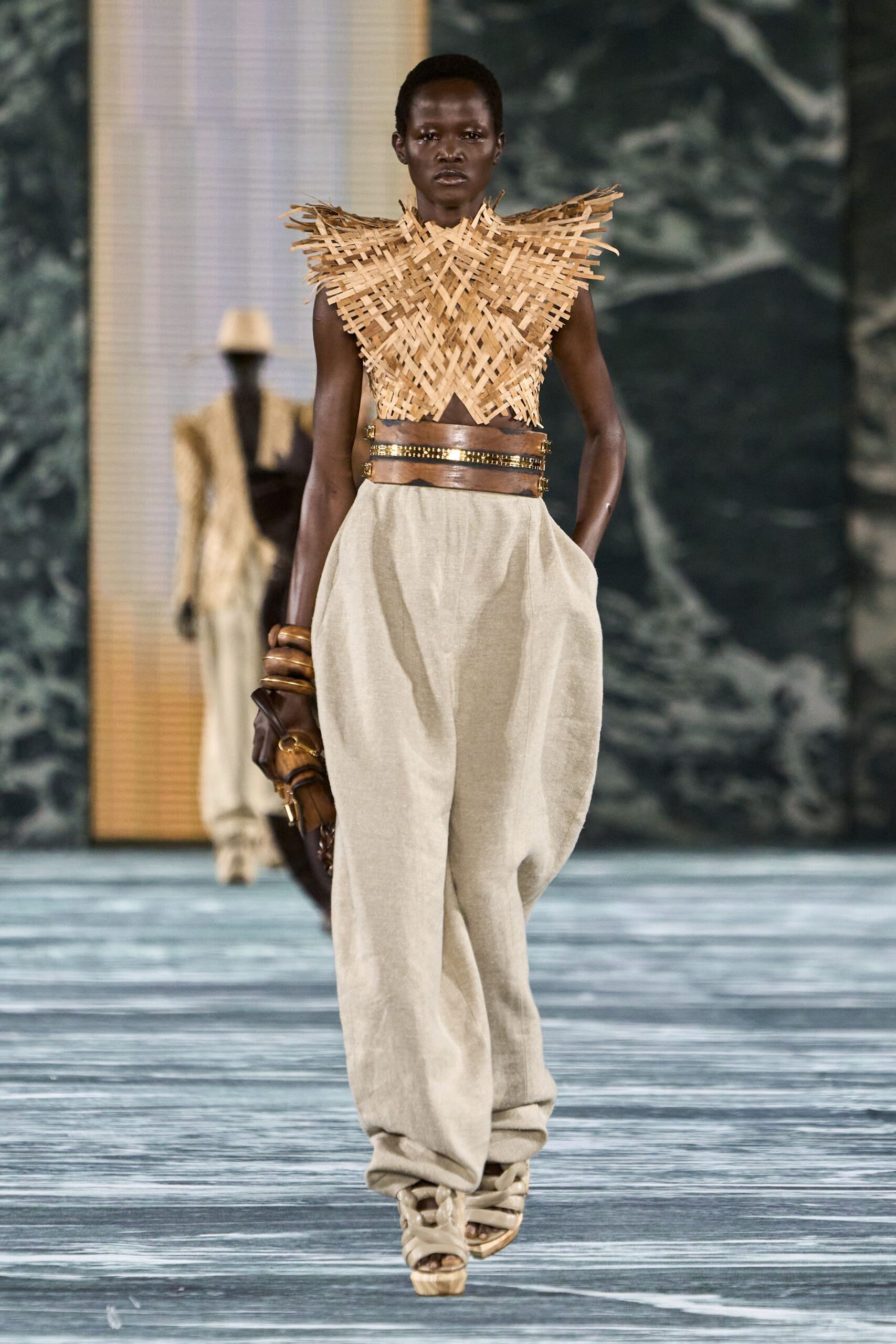 brown fitted top beige relaxed pants