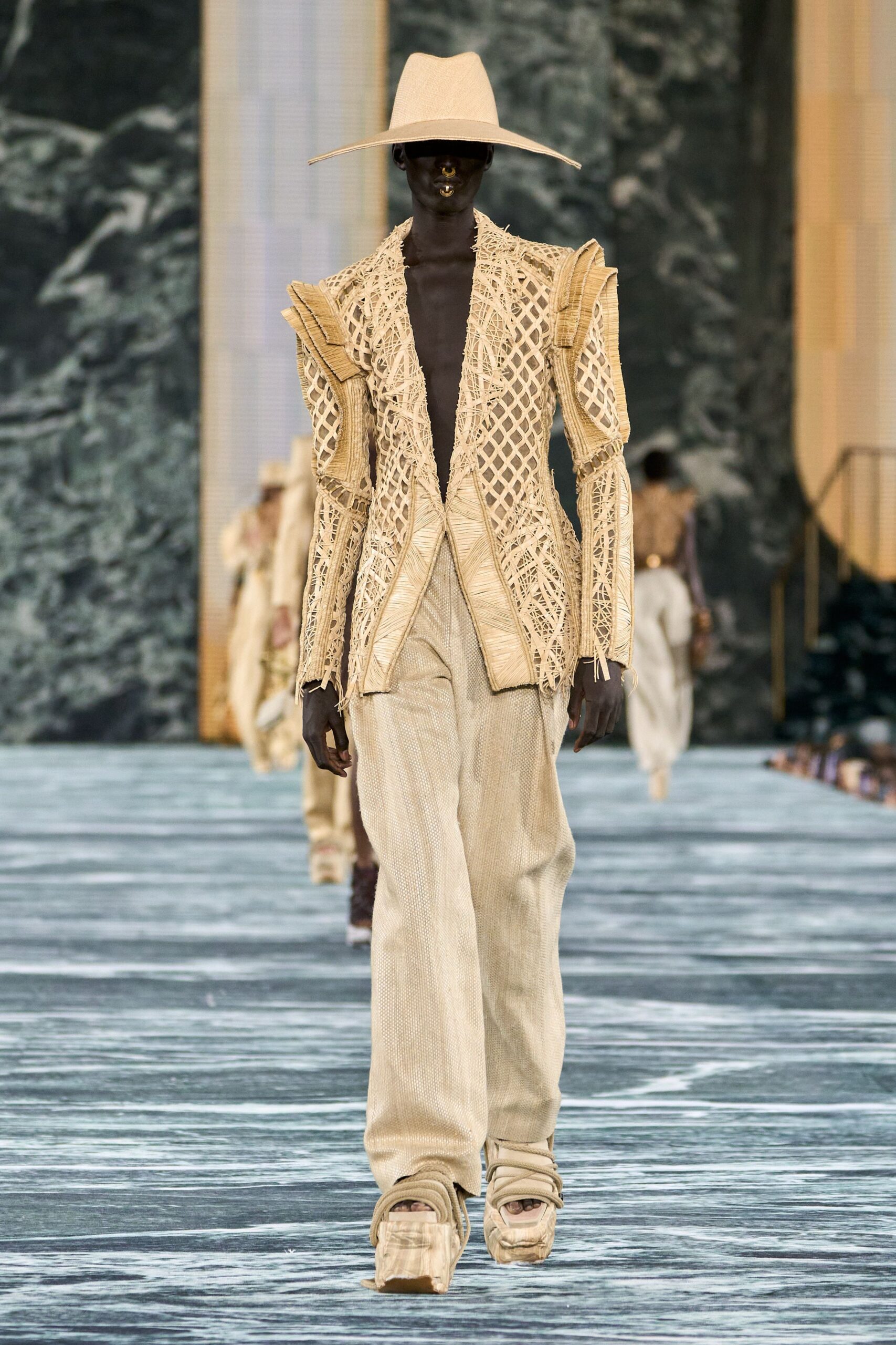 beige cotton long-sleeve collared fitted structured embroidered jacket