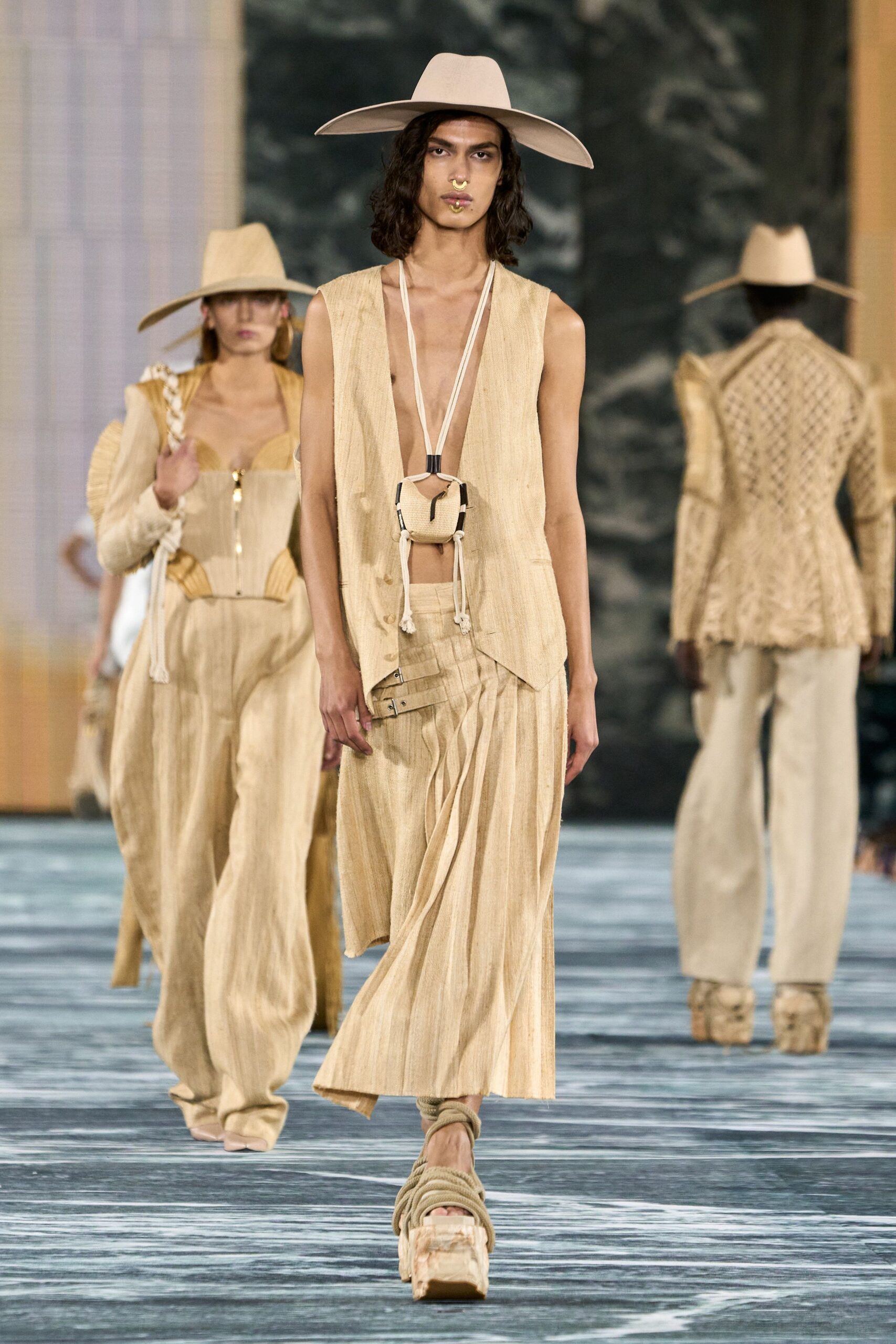 beige pleated midi dress with hat