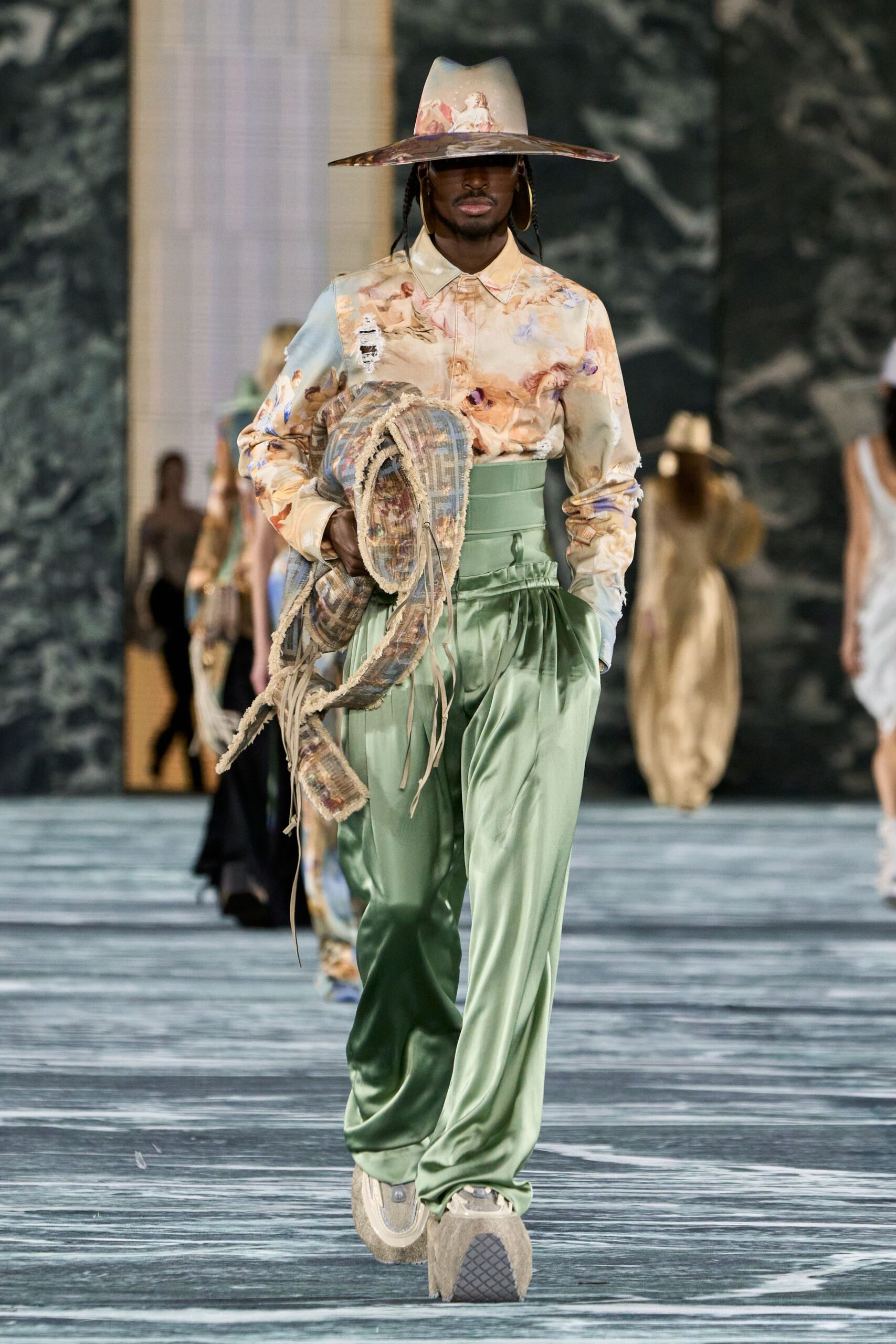 green satin fitted high-waisted pants