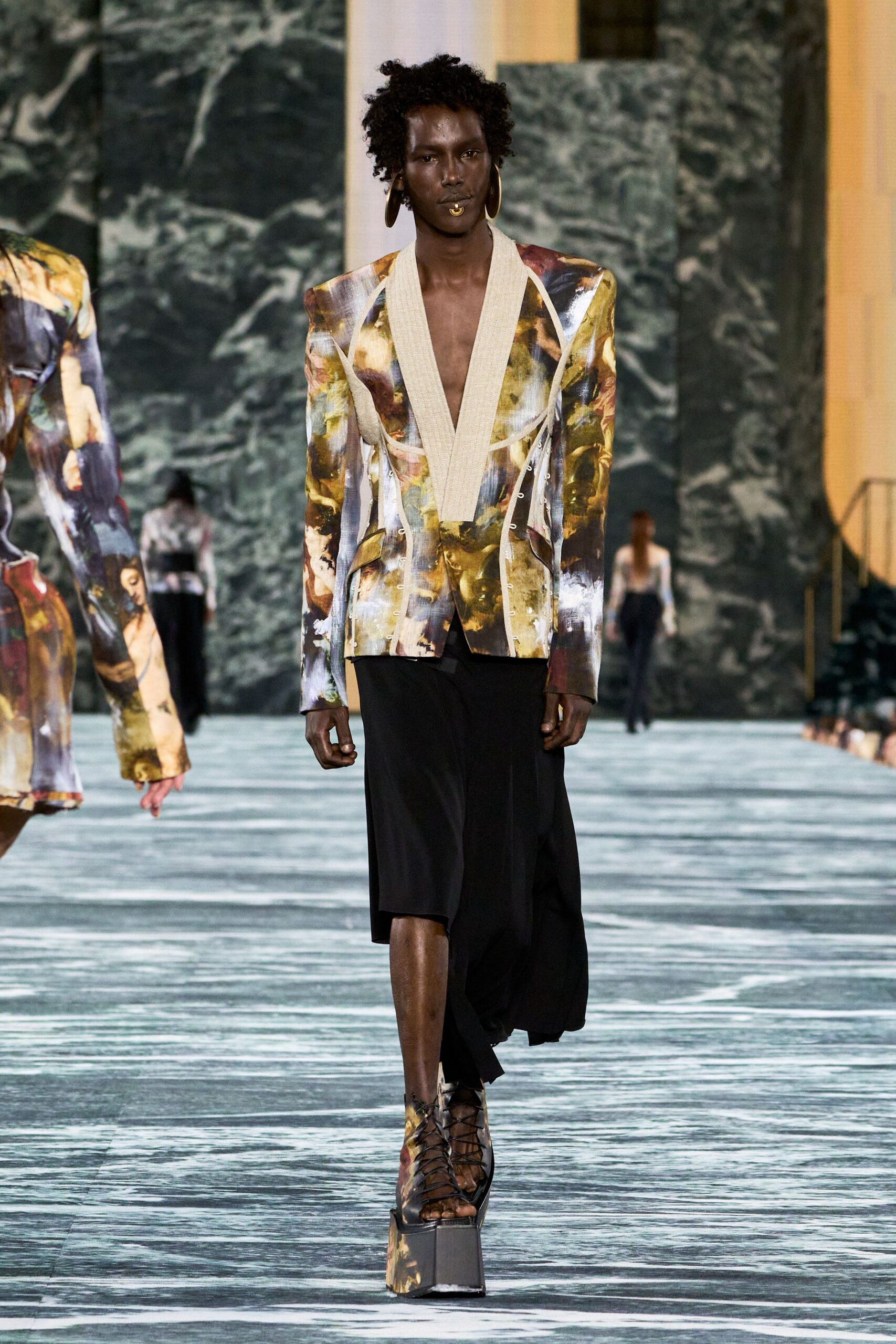 multi silk long-sleeve v-neck tailored printed blazer