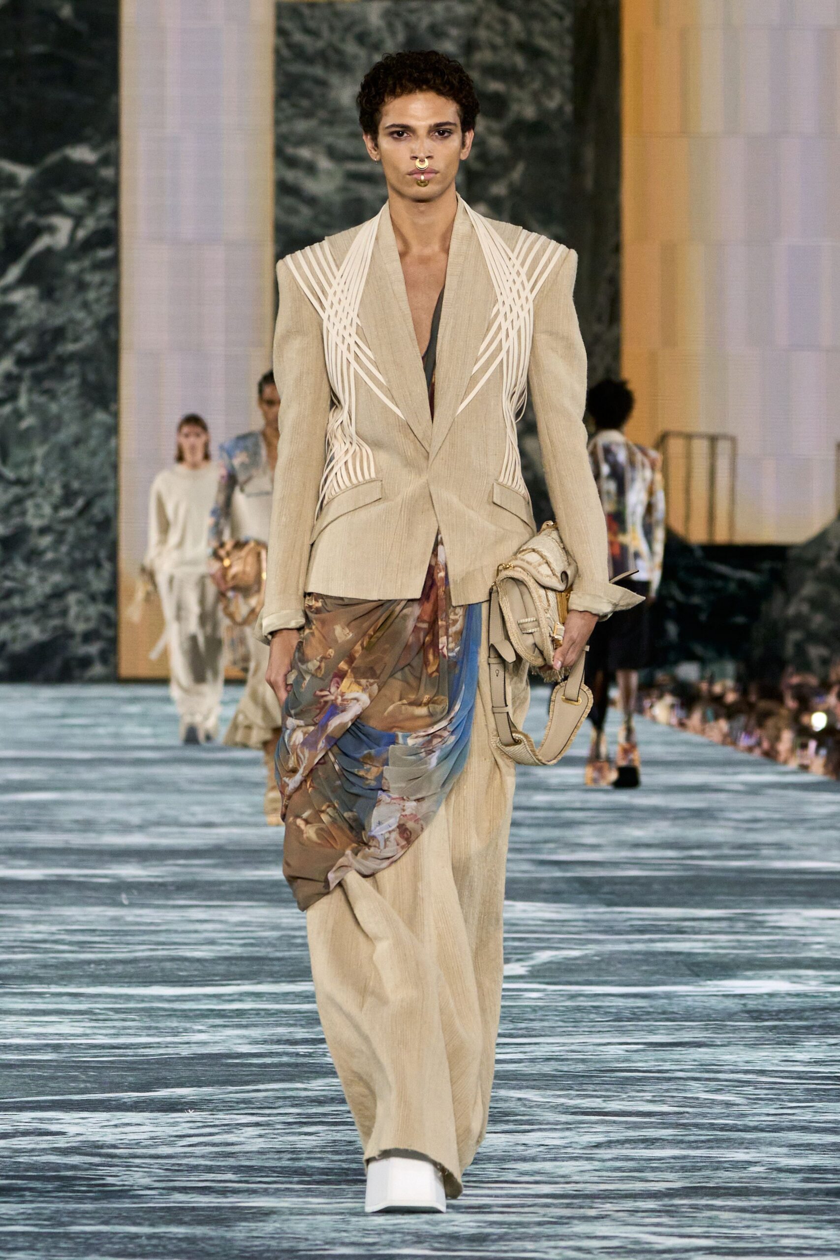 beige linen long-sleeve collared structured buttoned layered blazer