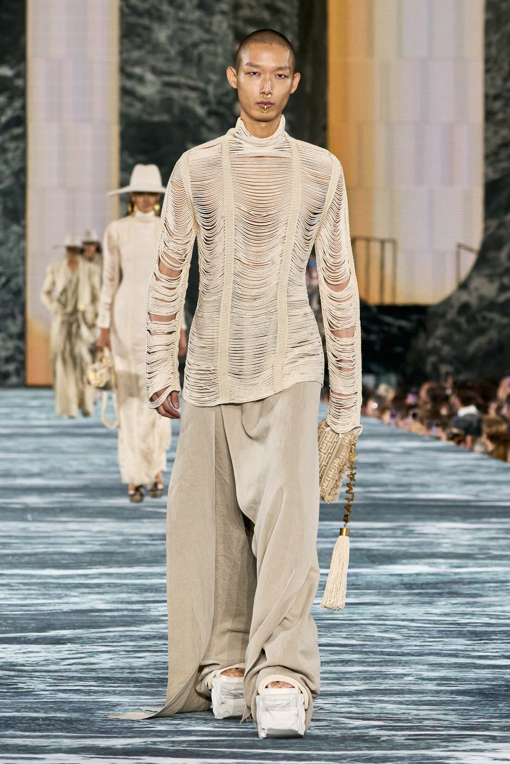 beige ruched top and wide-leg pants