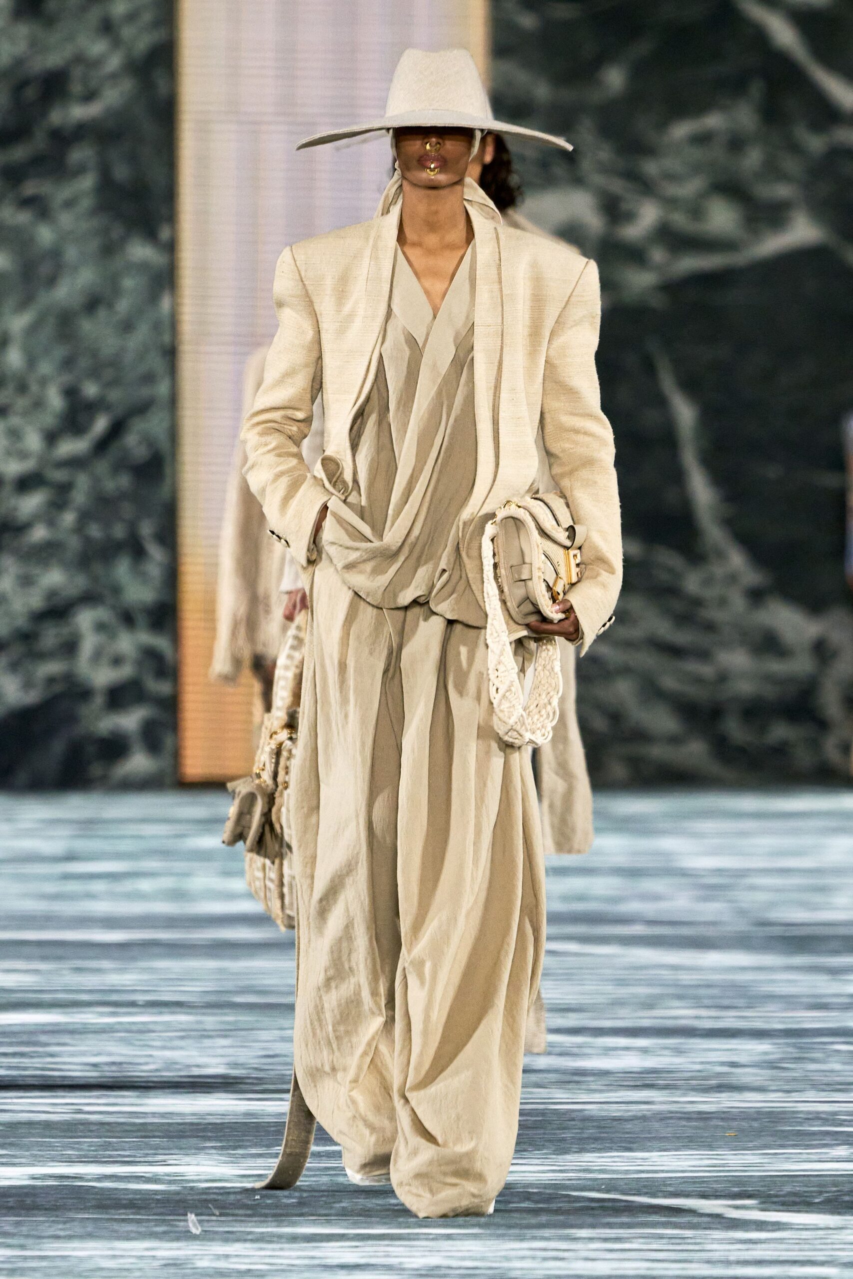 beige linen long-sleeve collared relaxed draped jacket
