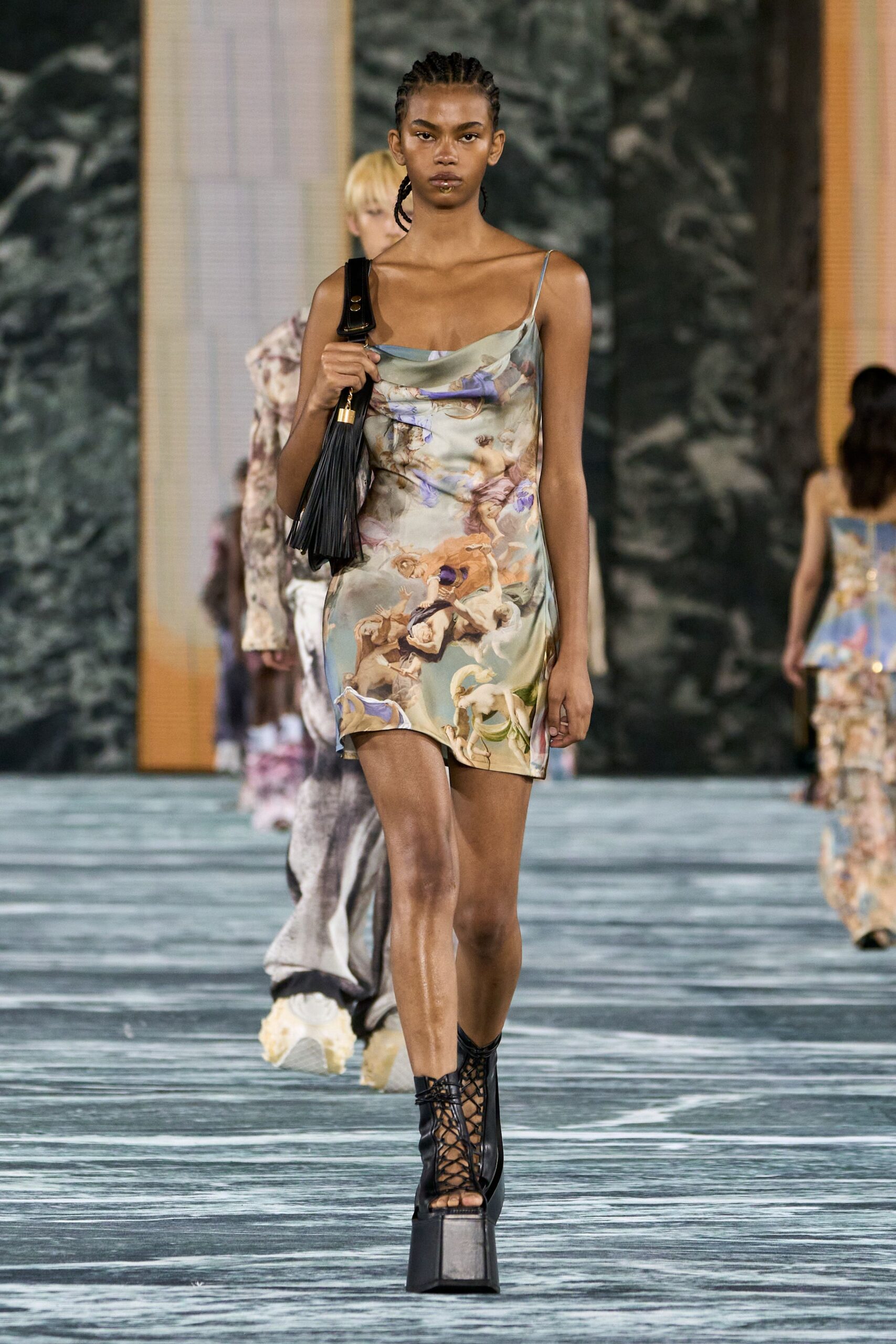 multi silk sleeveless v-neck fitted printed mini dress