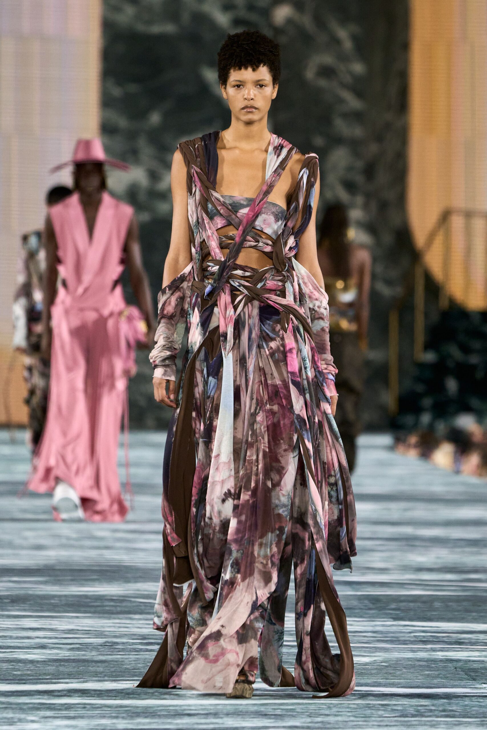 brown and pink flowing gown
