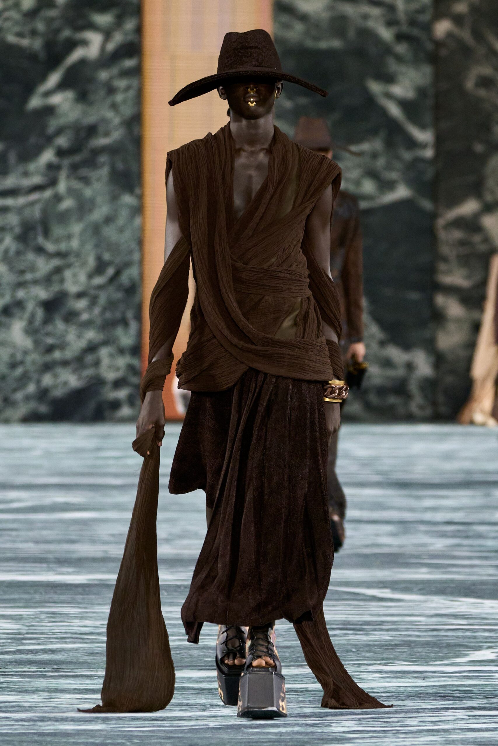 brown silk sleeveless v-neck fitted draped layered dress