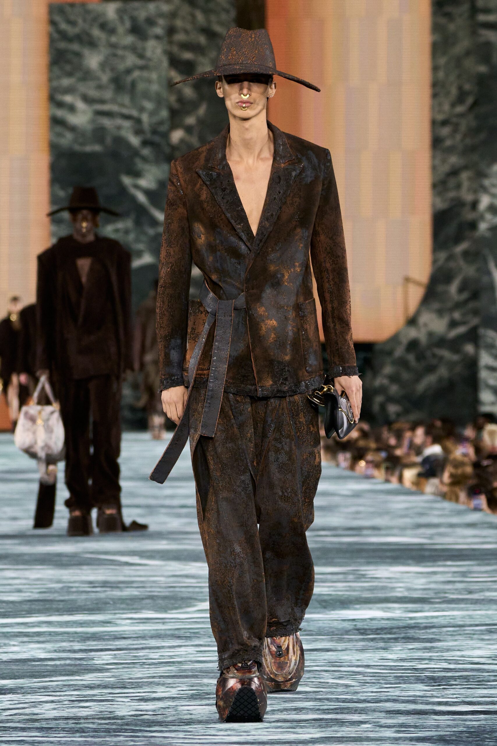 brown velvet tailored suit with hat