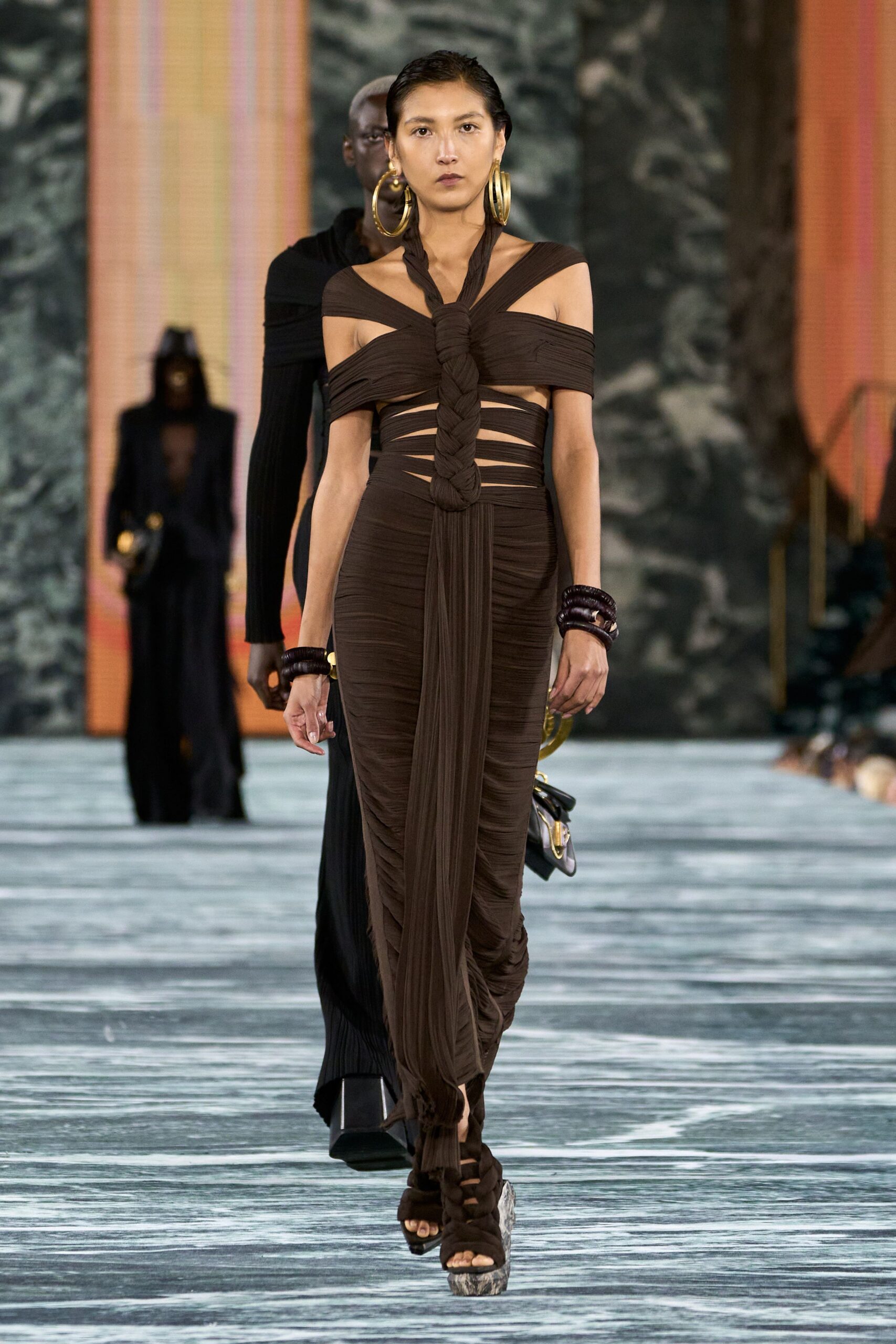 brown cotton sleeveless off-shoulder fitted ruched maxi dress