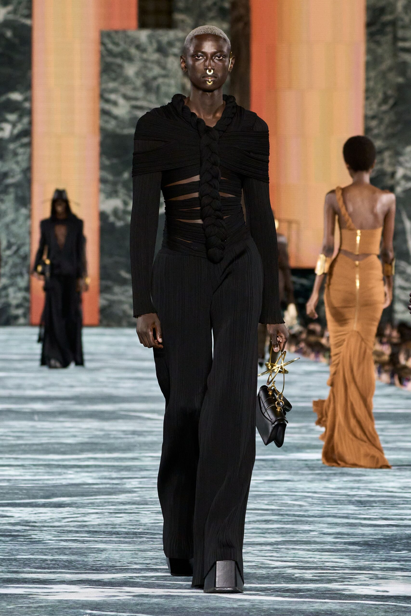 black fitted top and pants