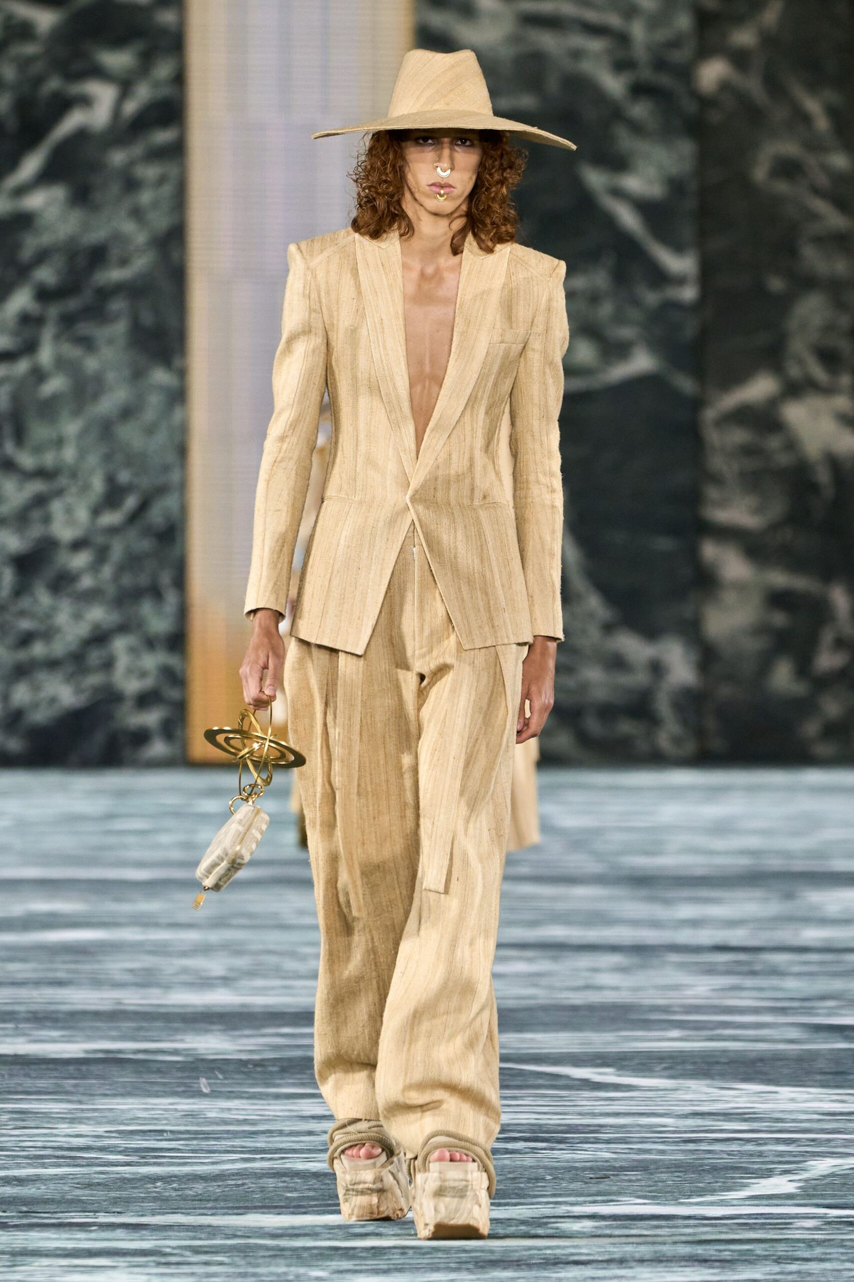 beige linen long-sleeve v-neck tailored buttoned pleated suit