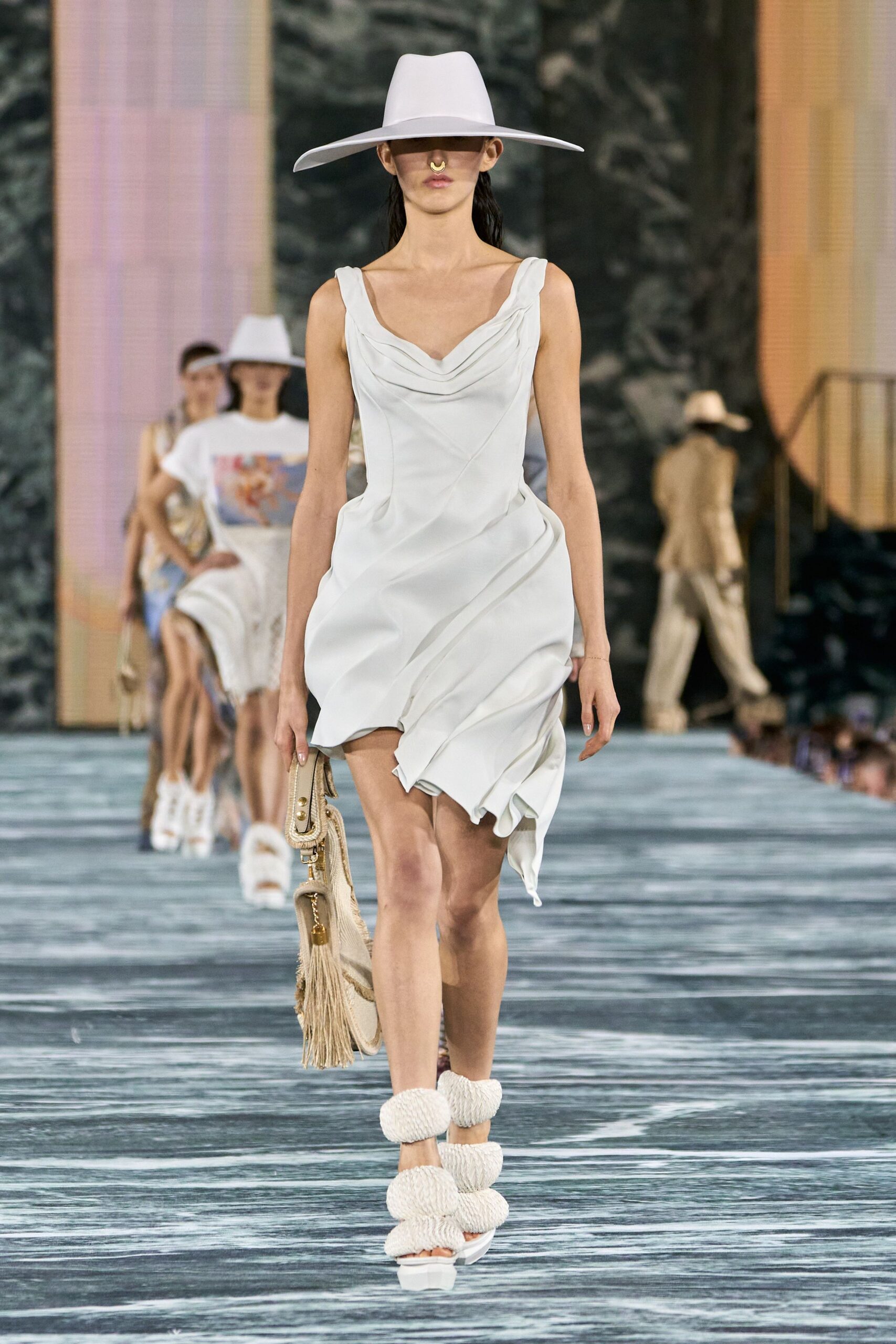 white silk sleeveless v-neck fitted draped mini dress