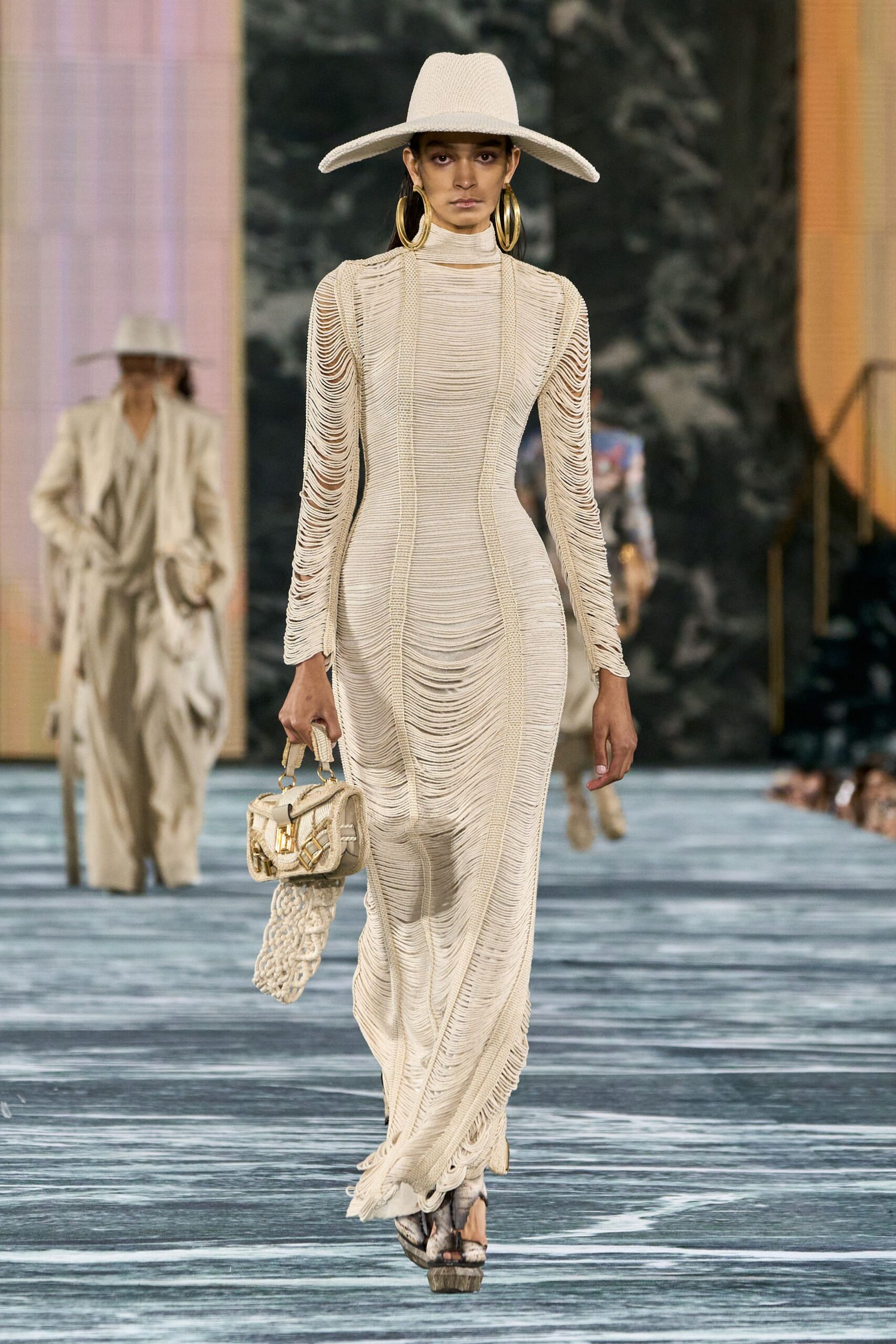 beige cotton long-sleeve high-neck fitted ruched maxi gown