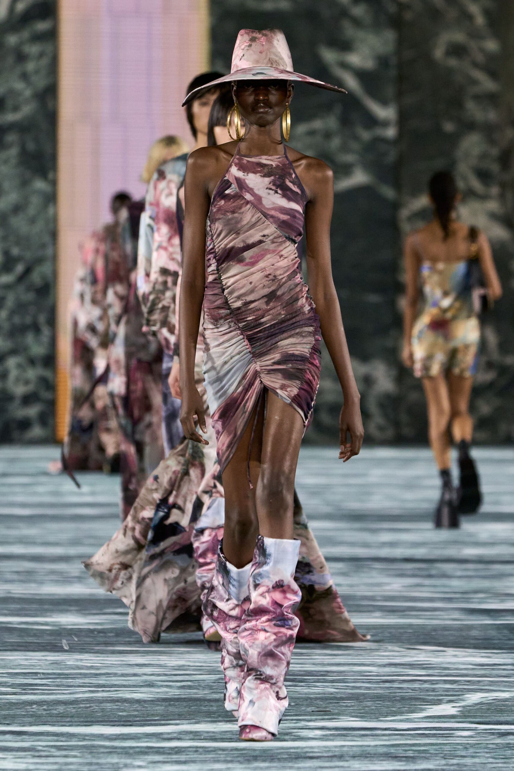 pink silk sleeveless high-neck fitted ruched draped dress