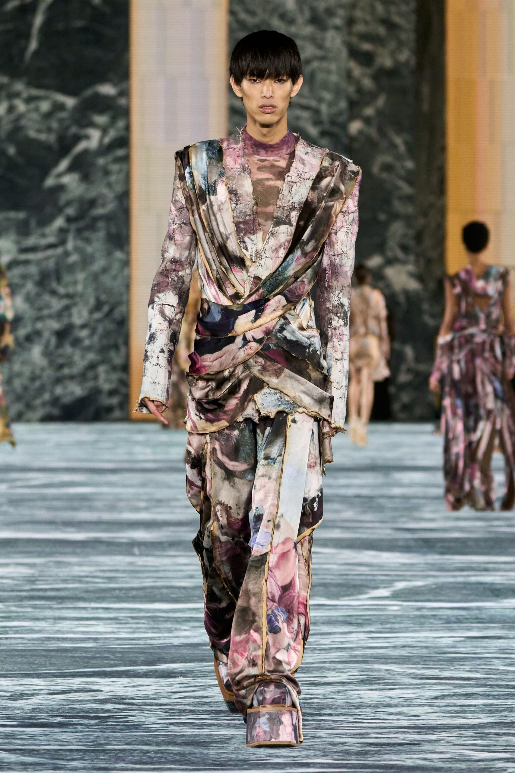 multi-colored silk draped gown