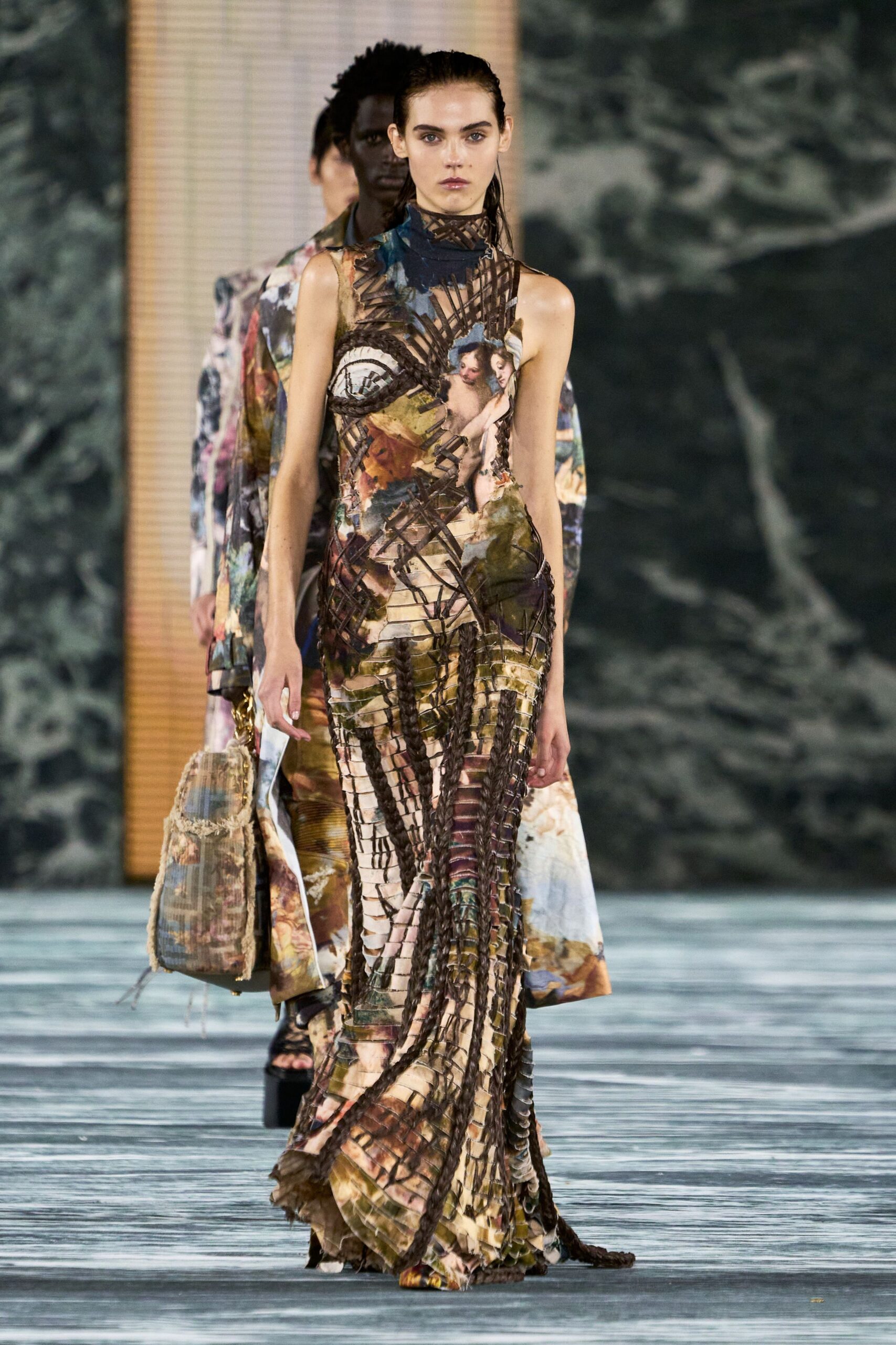 multi silk sleeveless high-neck fitted layered printed gown