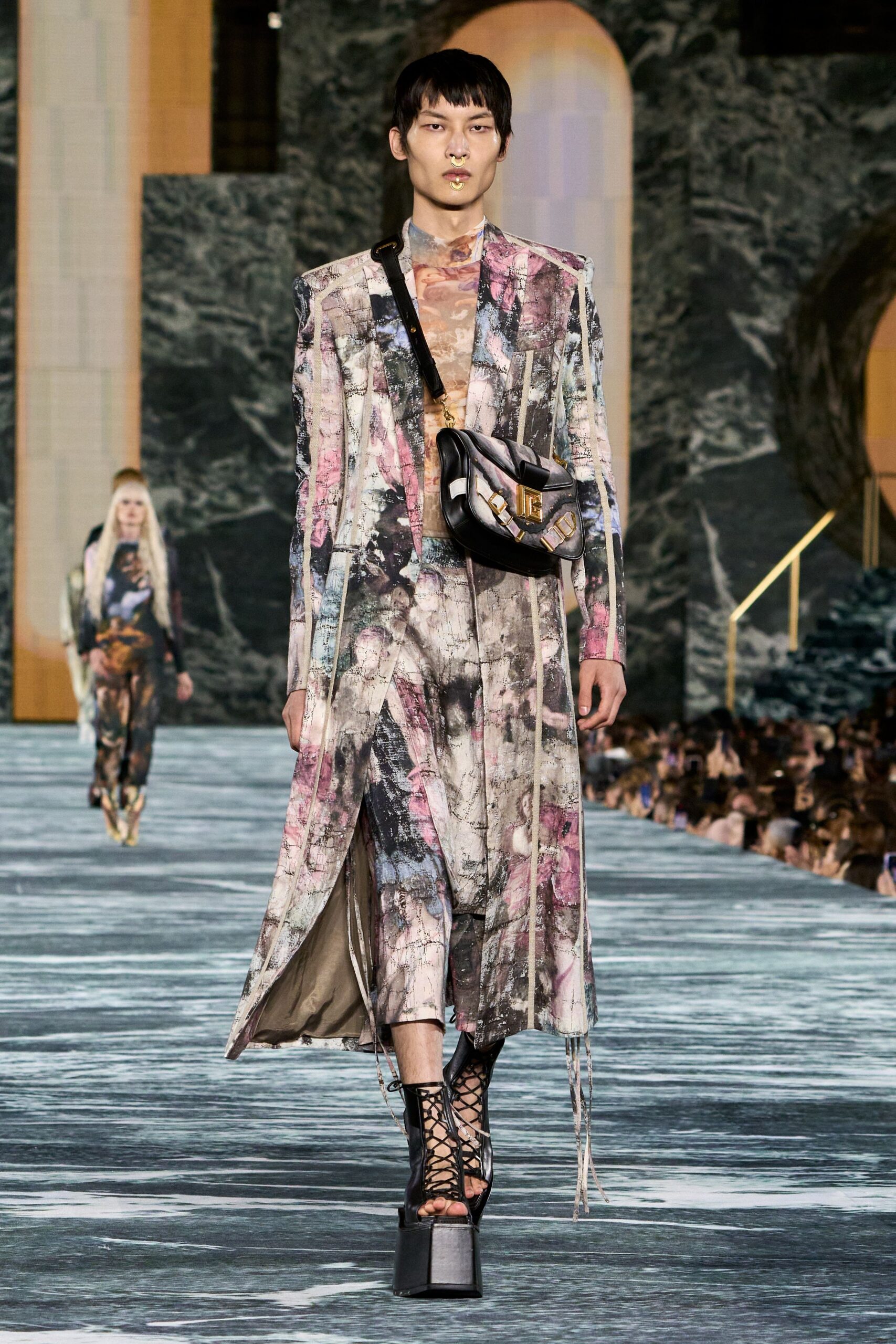 multi silk long-sleeve collared relaxed layered printed dress