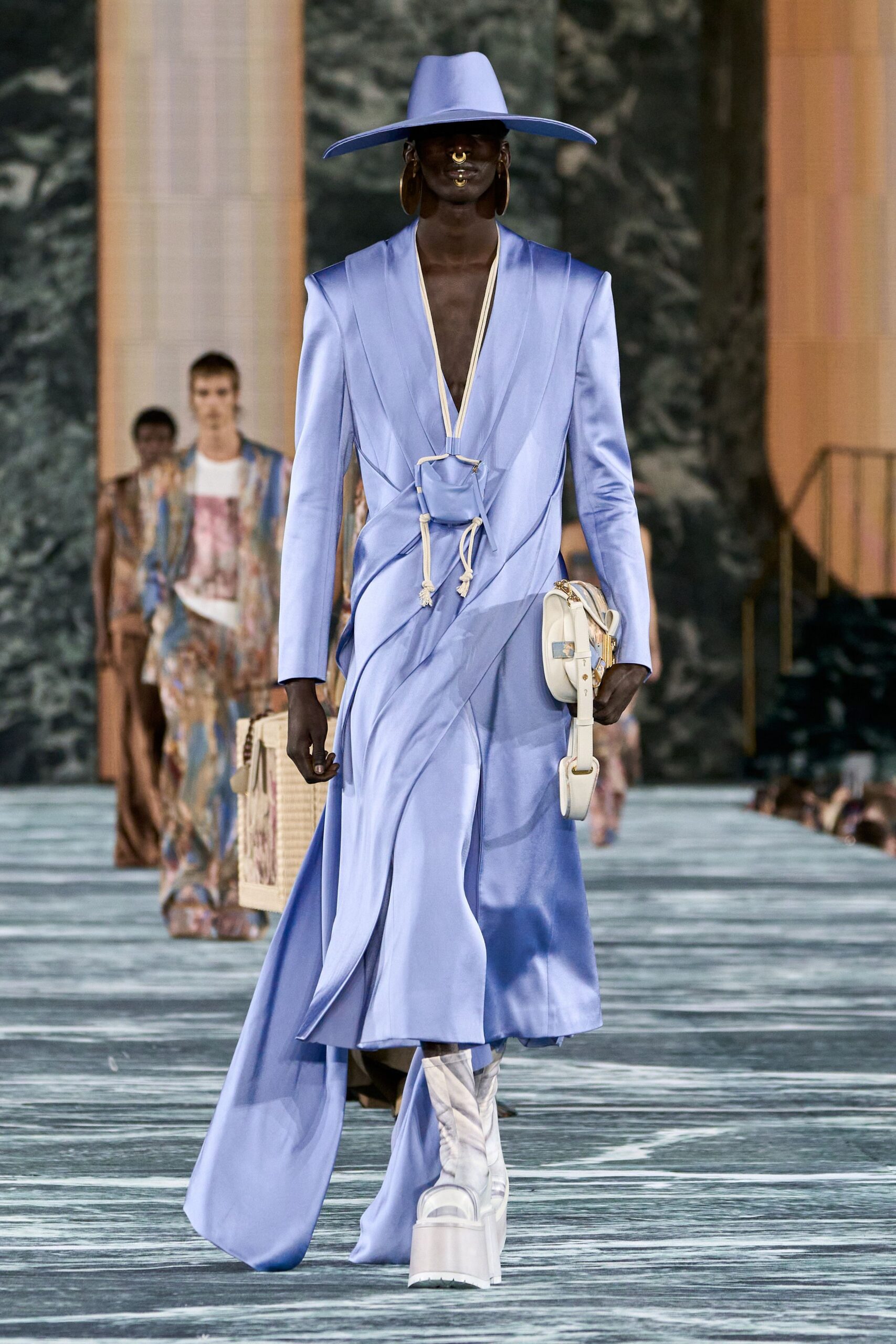 blue silk long-sleeve v-neck fitted draped belted gown