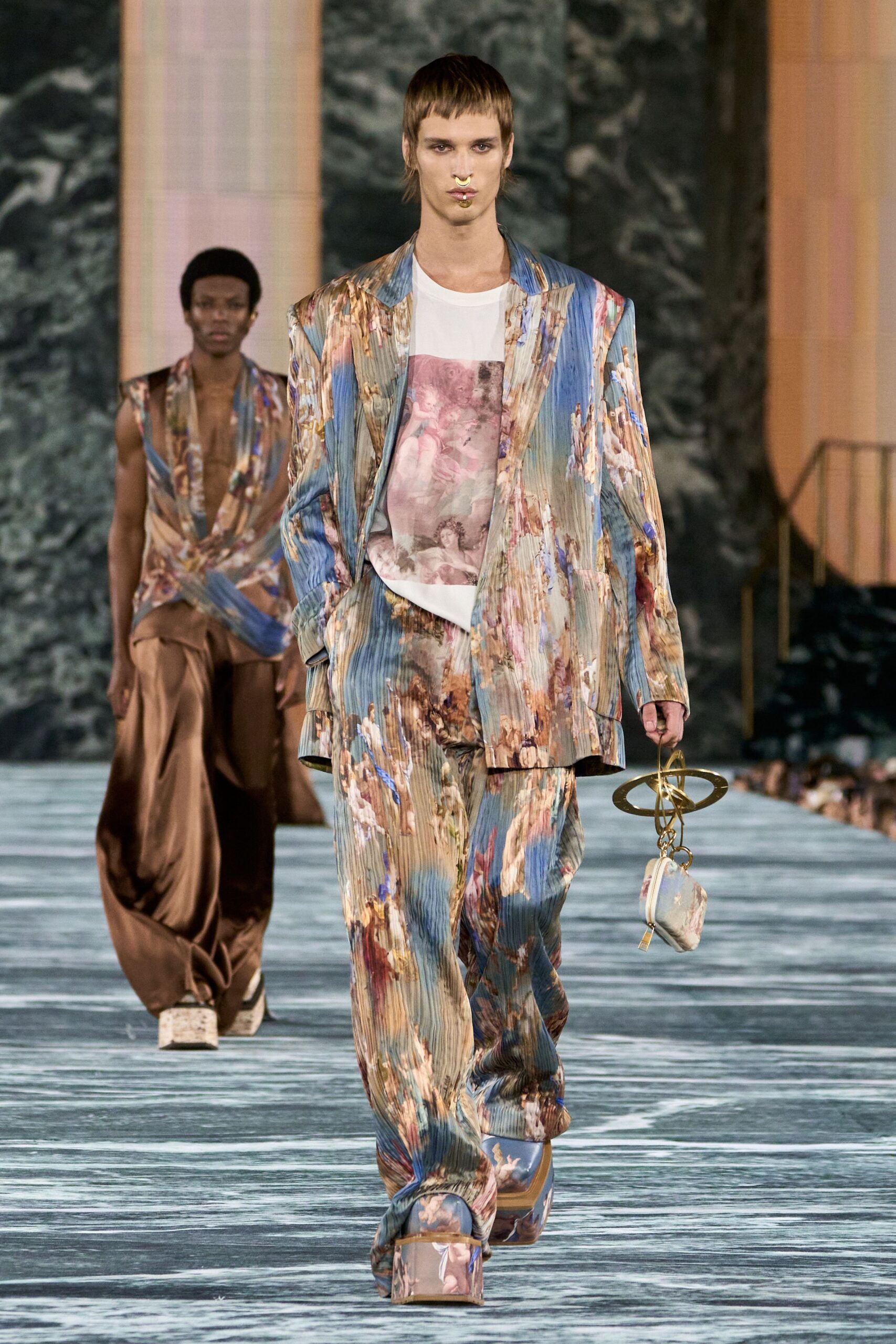 multi silk long-sleeve collared tailored printed suit