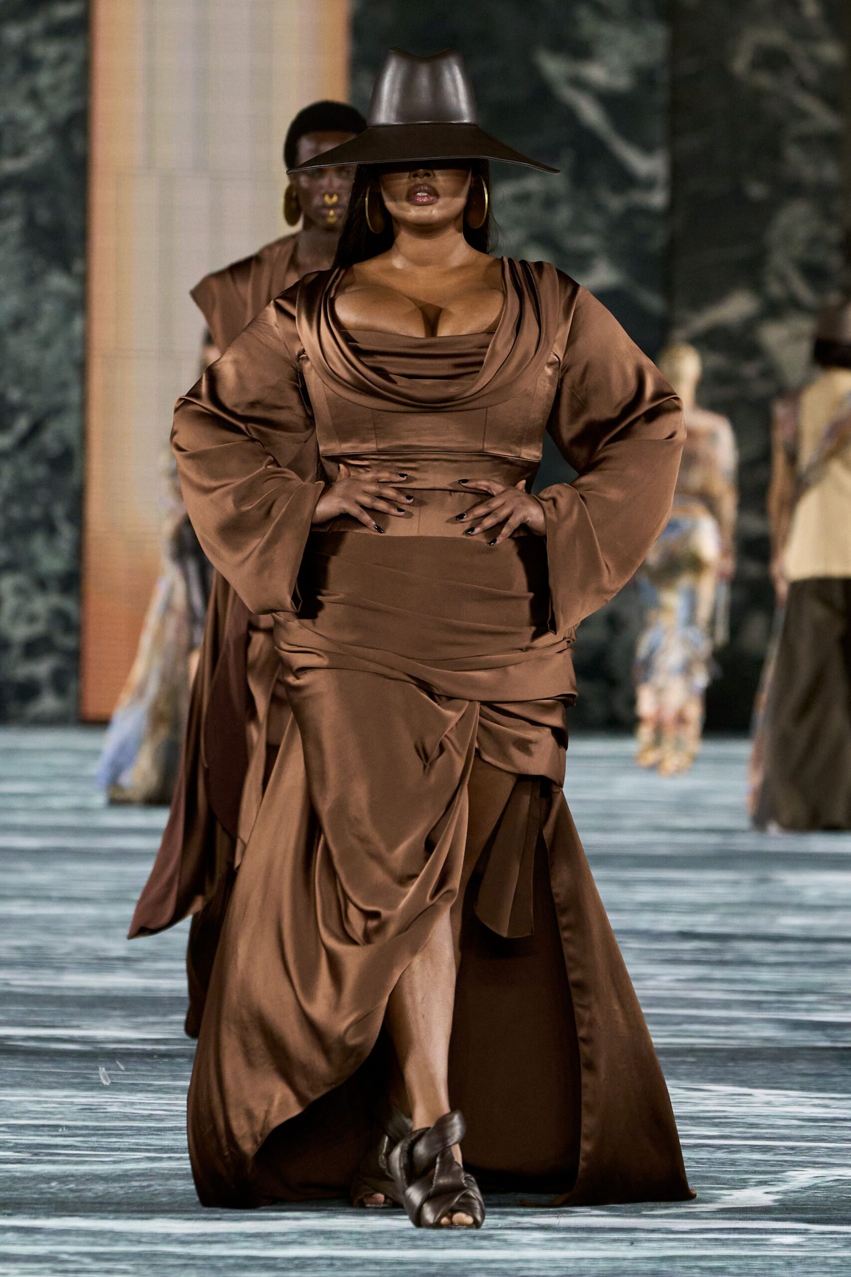 brown silk long-sleeve v-neck fitted draped tiered gown