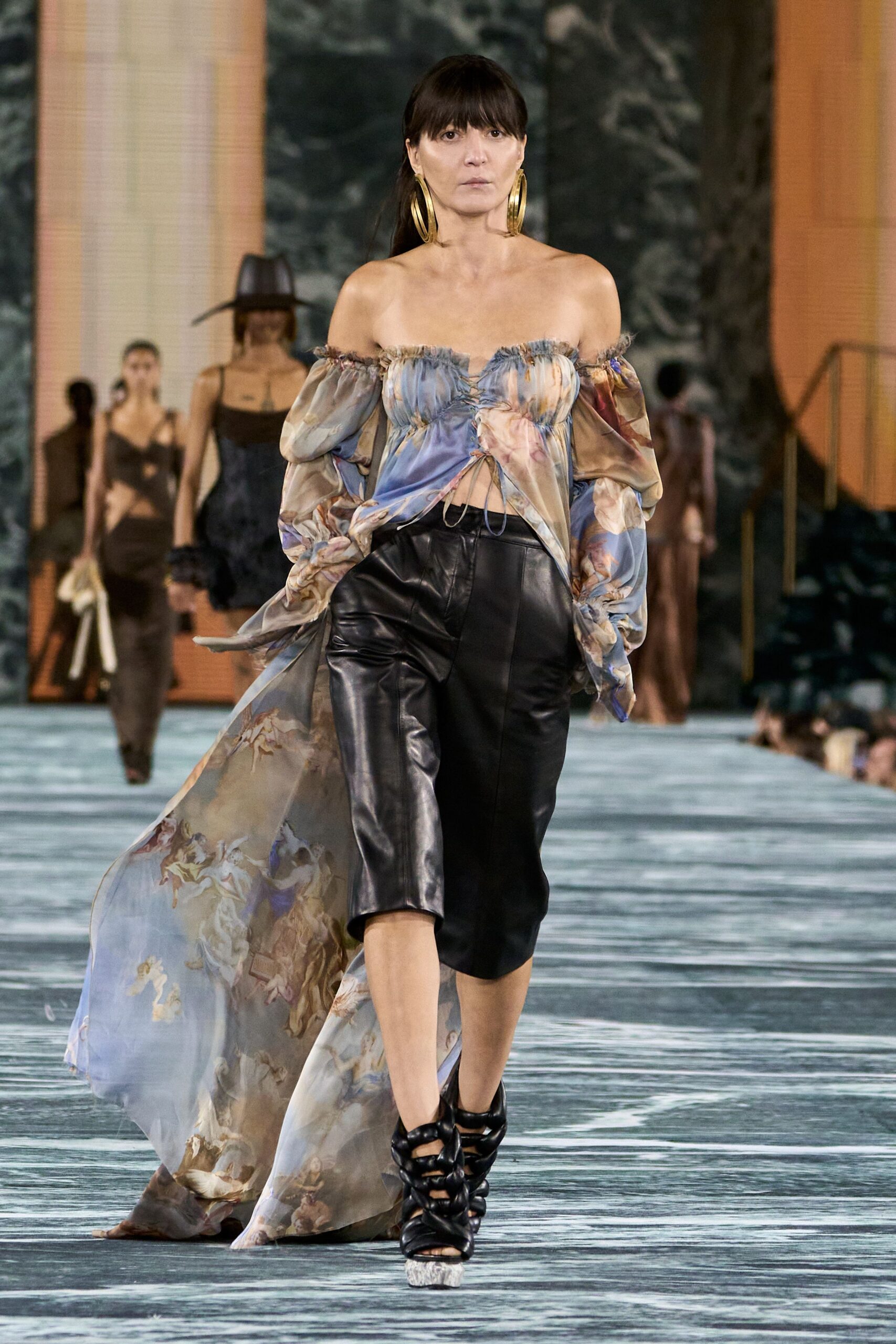 multi silk off-shoulder long-sleeve fitted draped flowing blouse