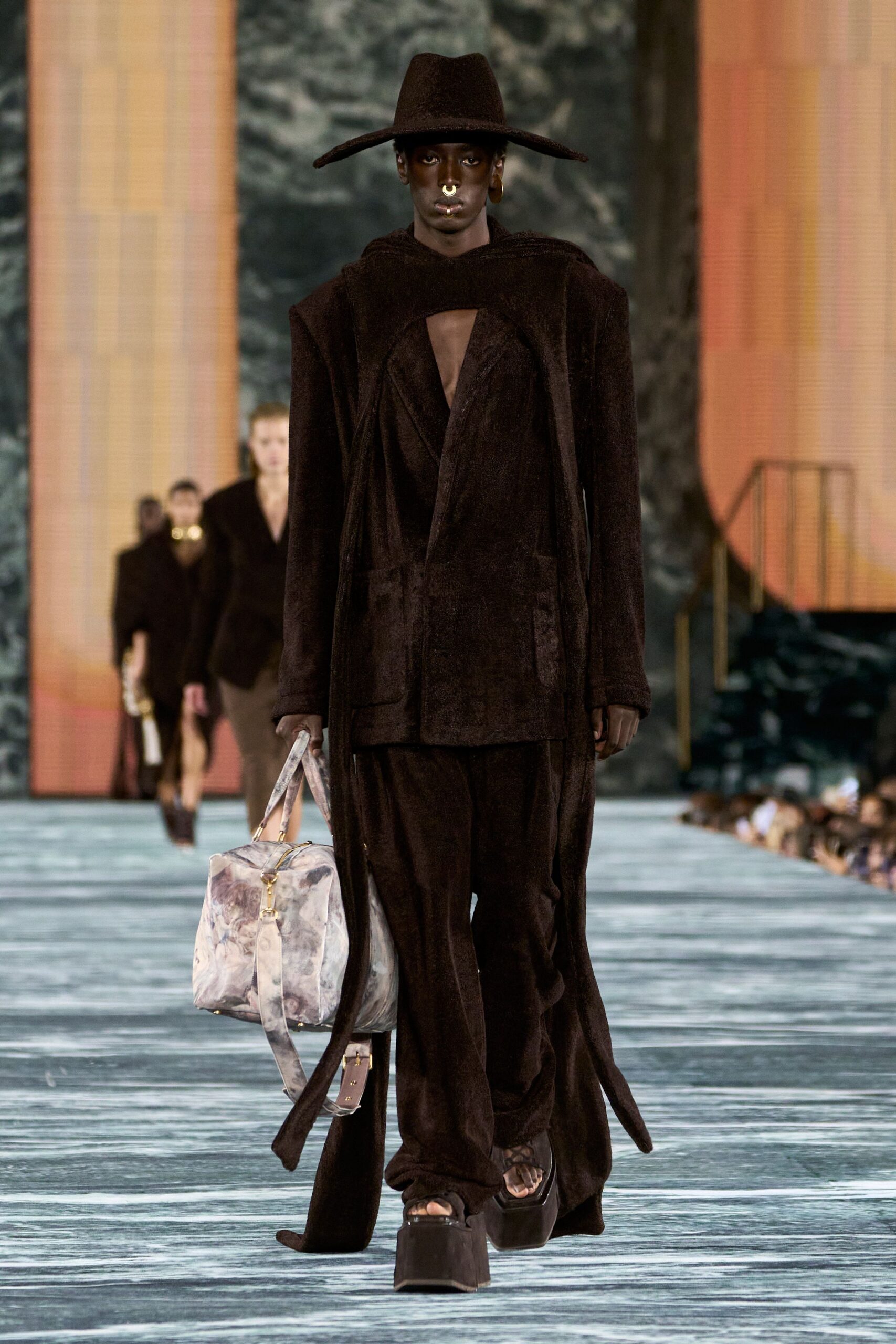 brown velvet long-sleeve collared relaxed draped coat