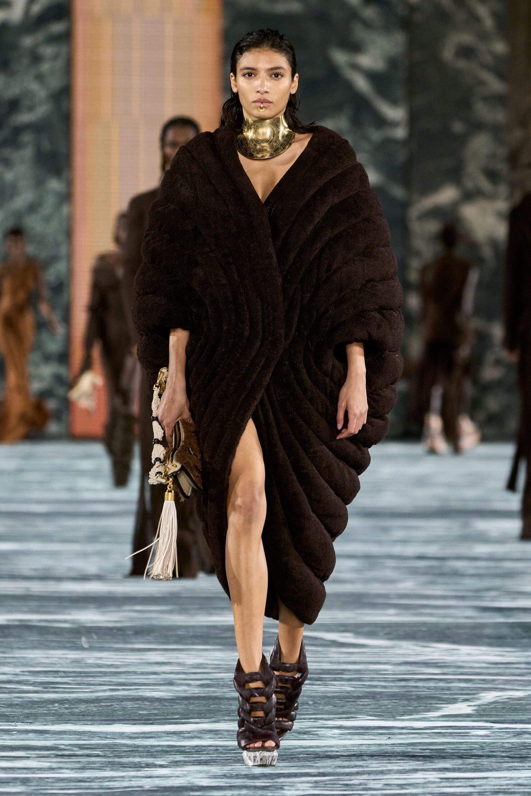 brown wool long-sleeve v-neck fitted draped midi dress