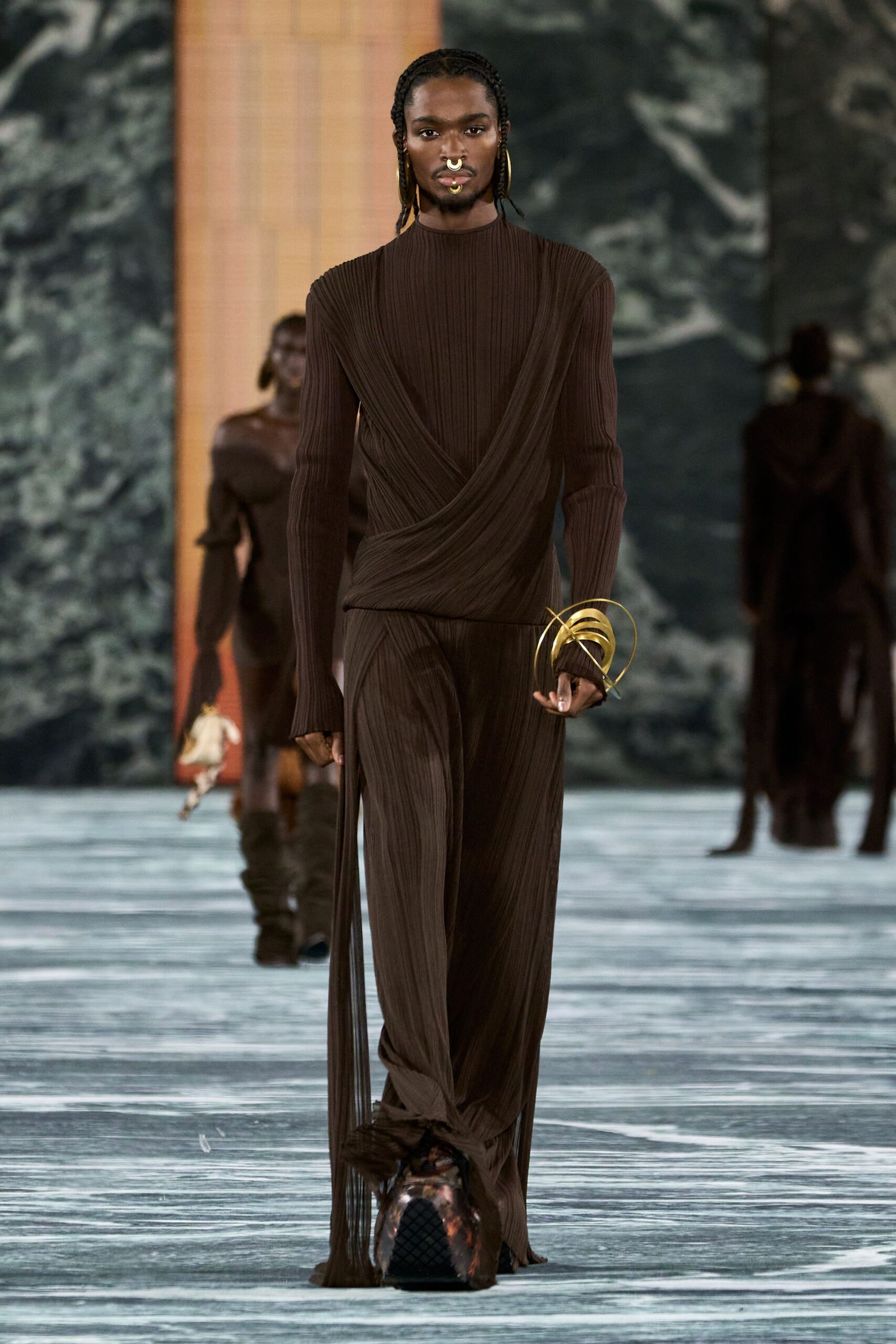brown knit long-sleeve high-neck fitted draped maxi gown