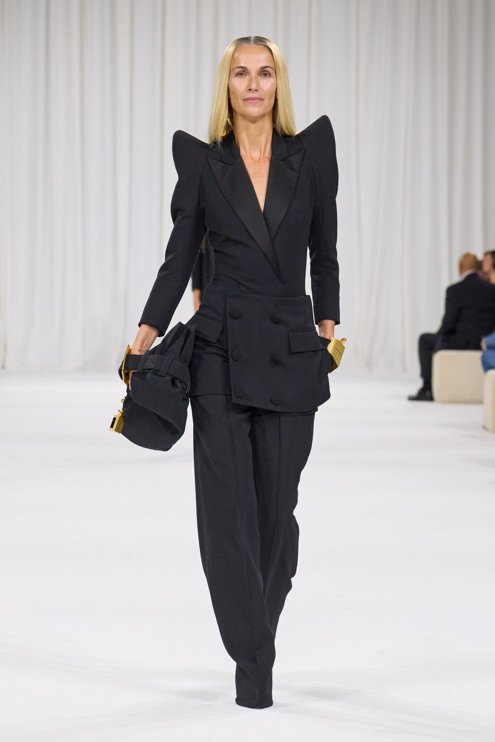 black tailored suit with bag