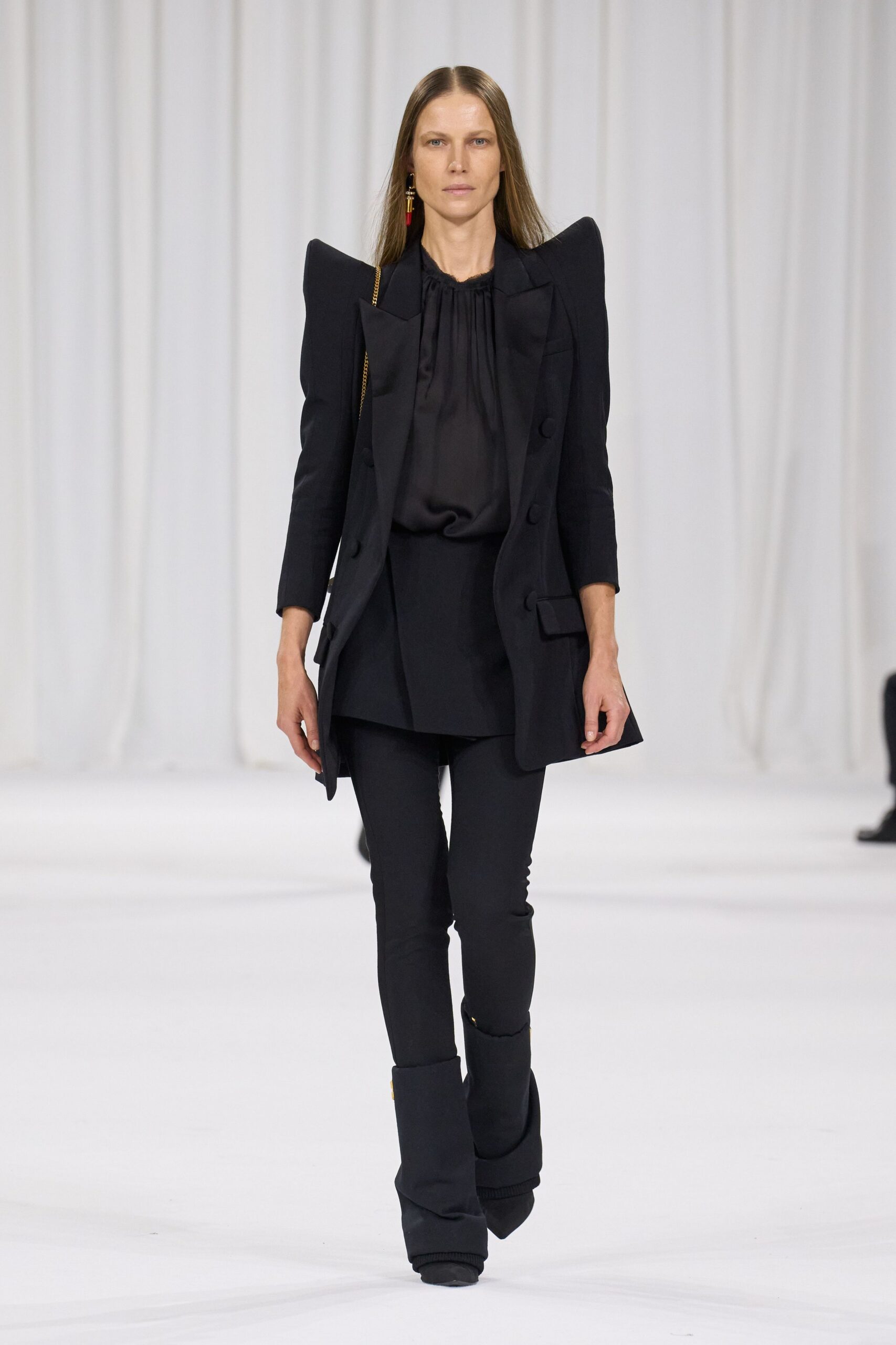 black structured blazer with slim pants