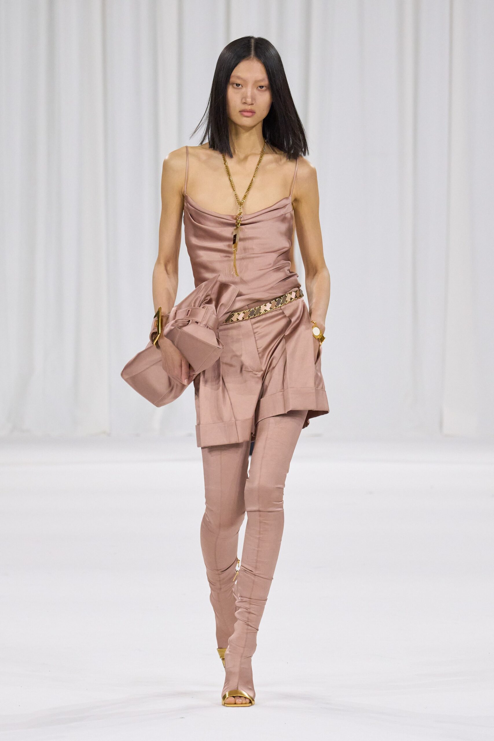 pink silk fitted top and pants