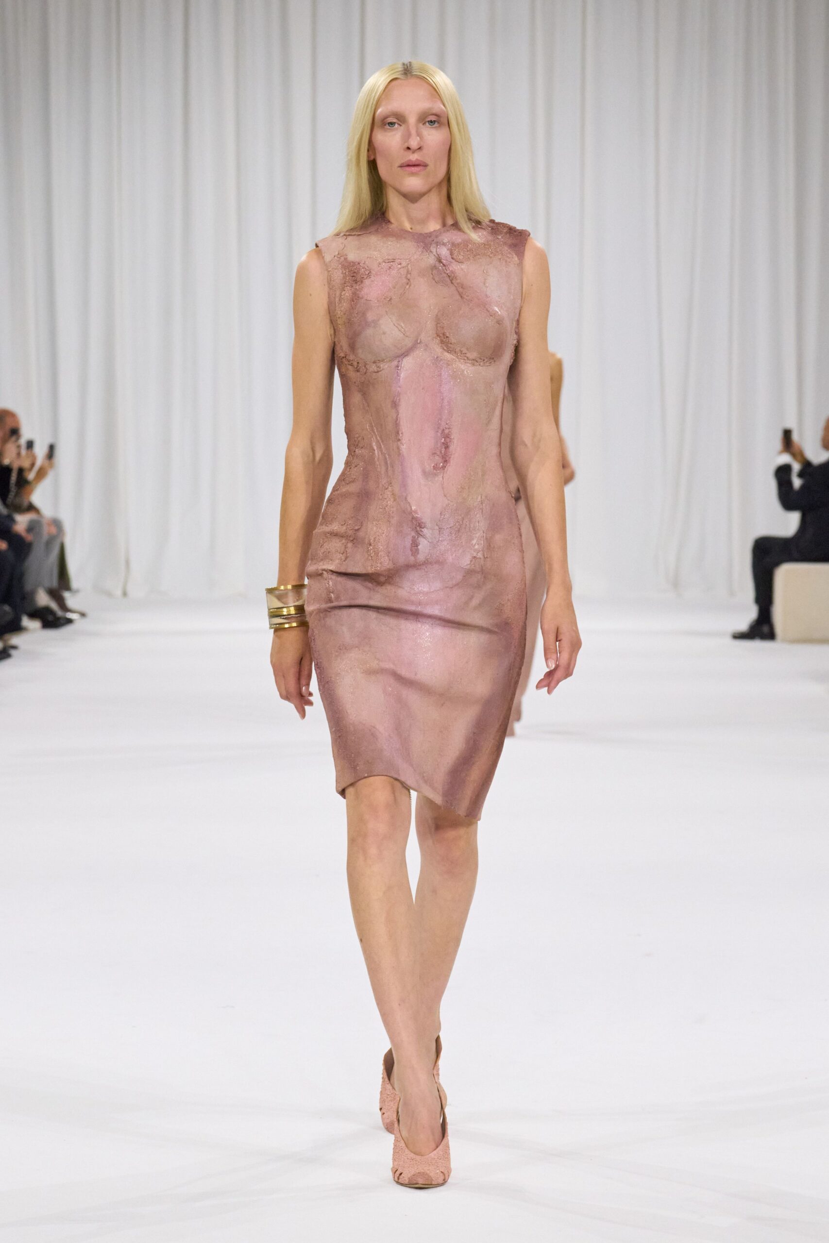 fitted pink silk midi dress with heels
