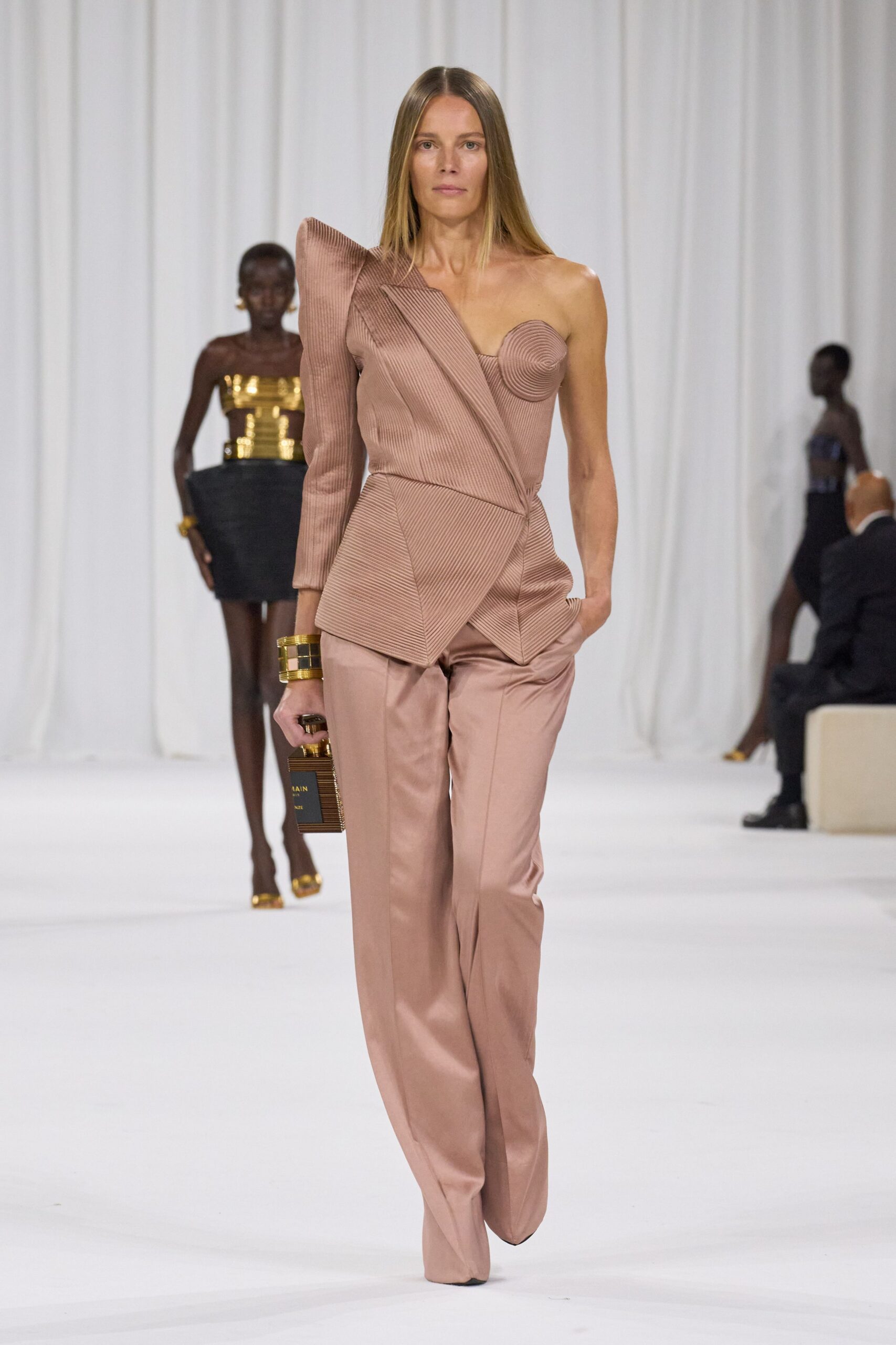 pink silk structured blazer with tailored pants