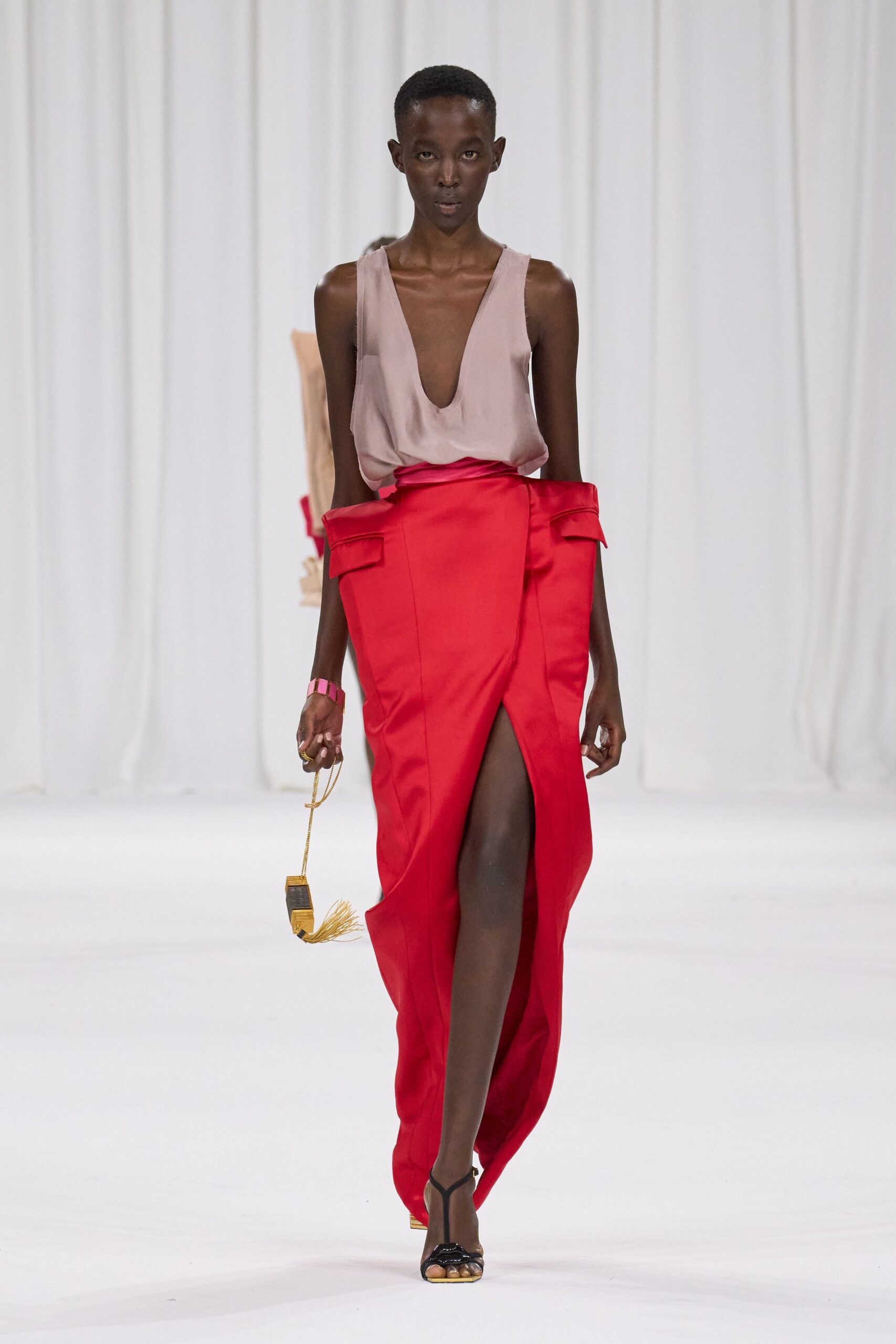 beige silk top red satin skirt