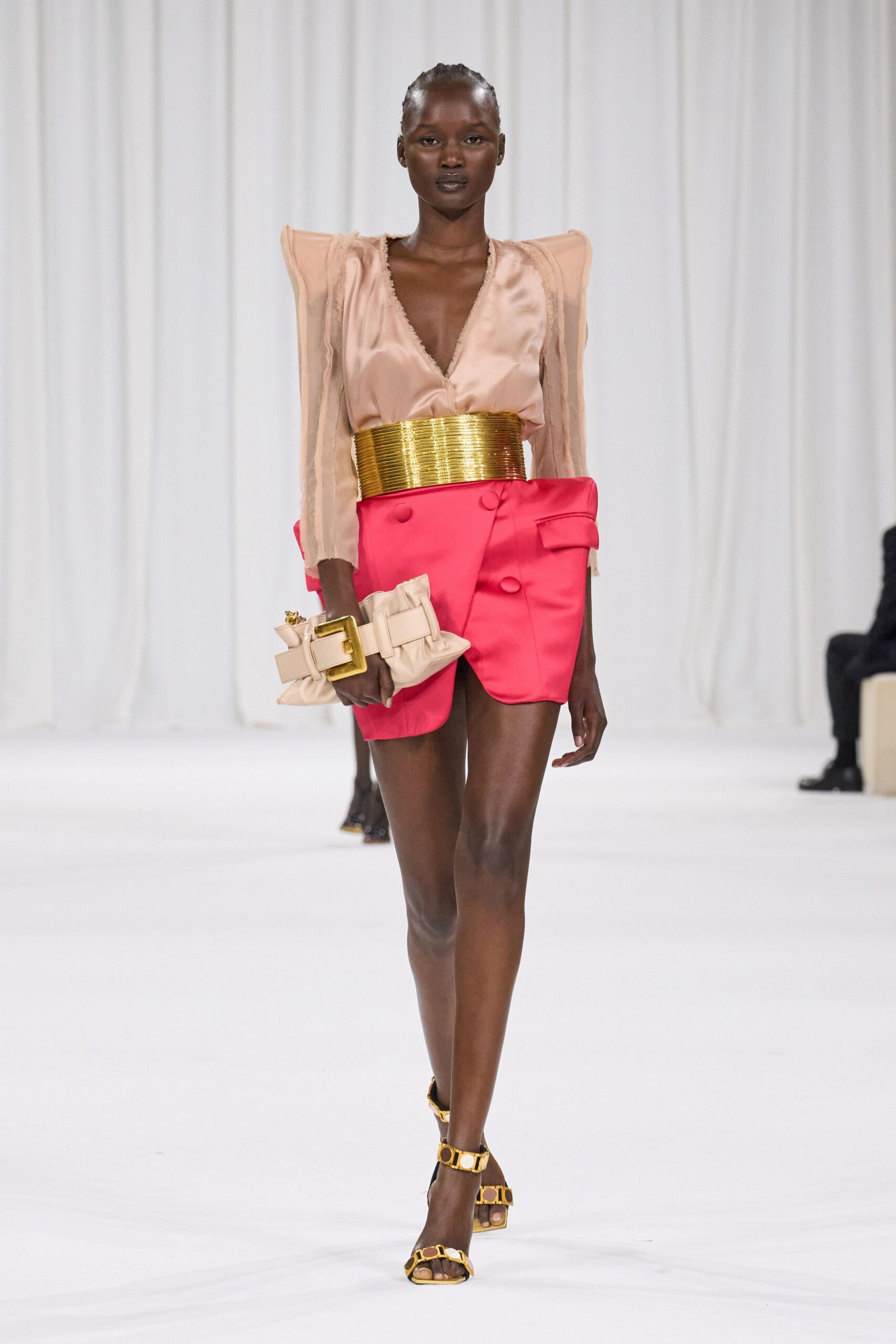 beige silk blouse pink mini skirt