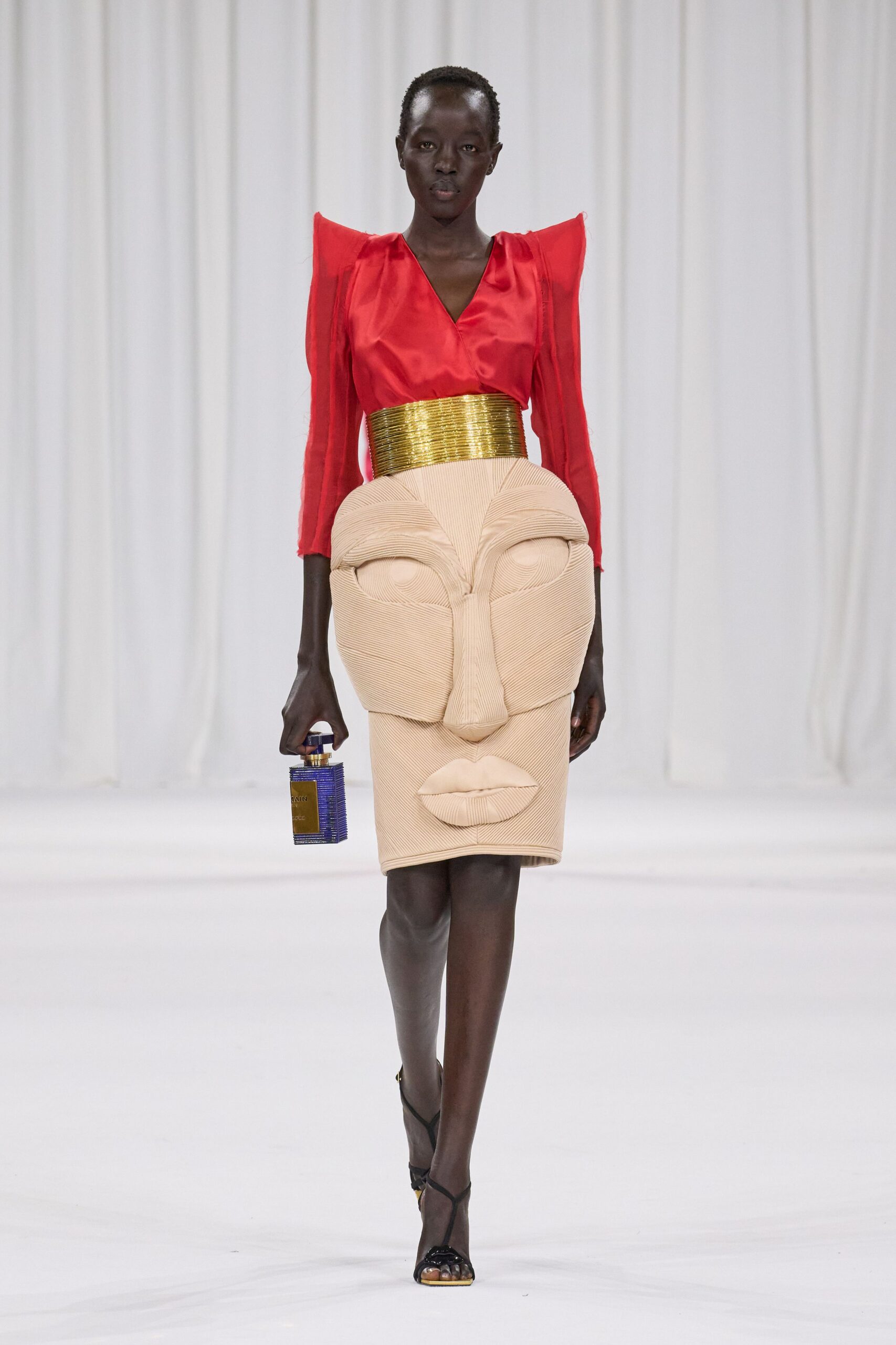 red silk blouse beige pencil skirt